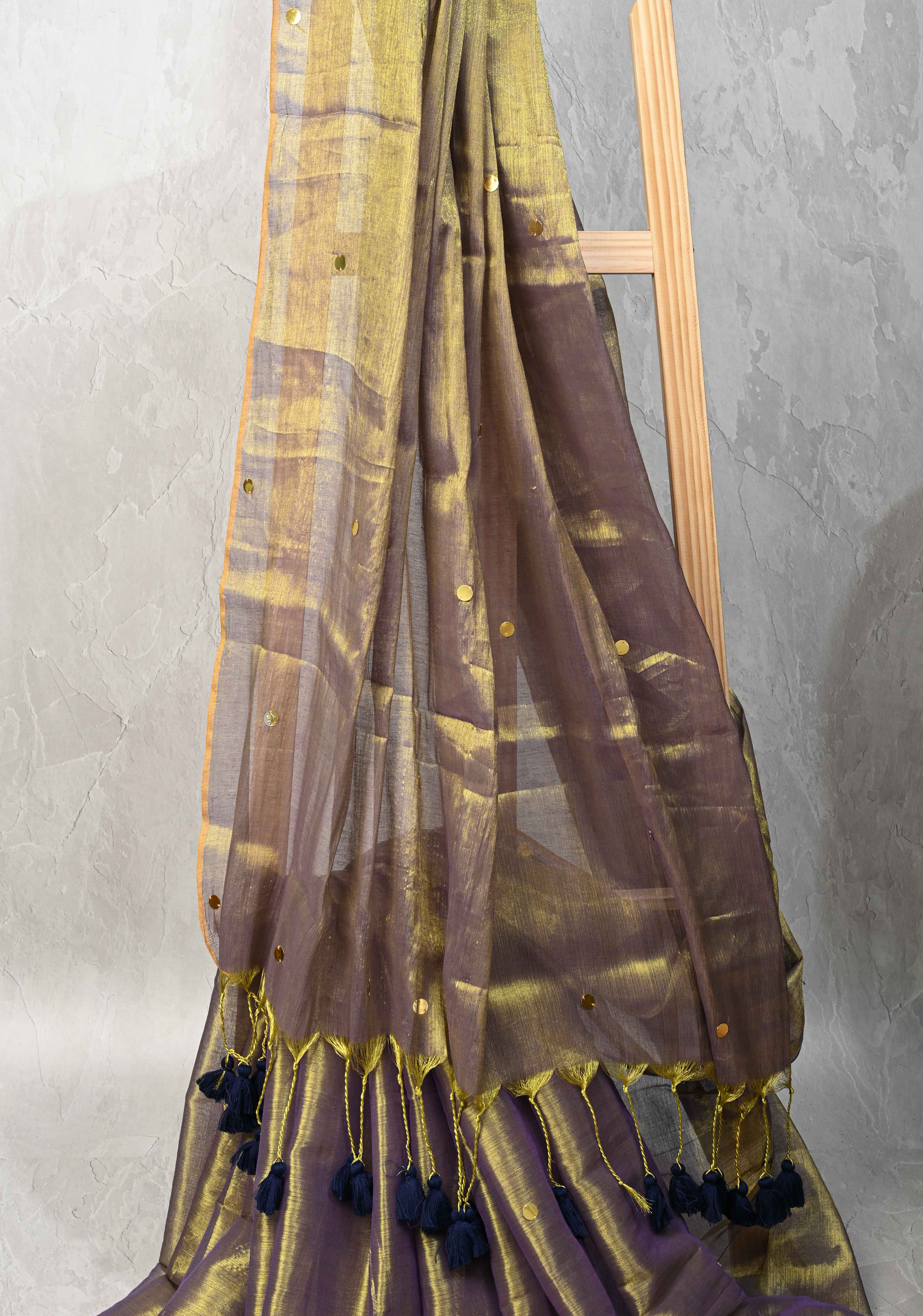 Lime green and Lilac dual tone Tissue By Tissue saree With Tikki work and Long Tassels | Shobitam