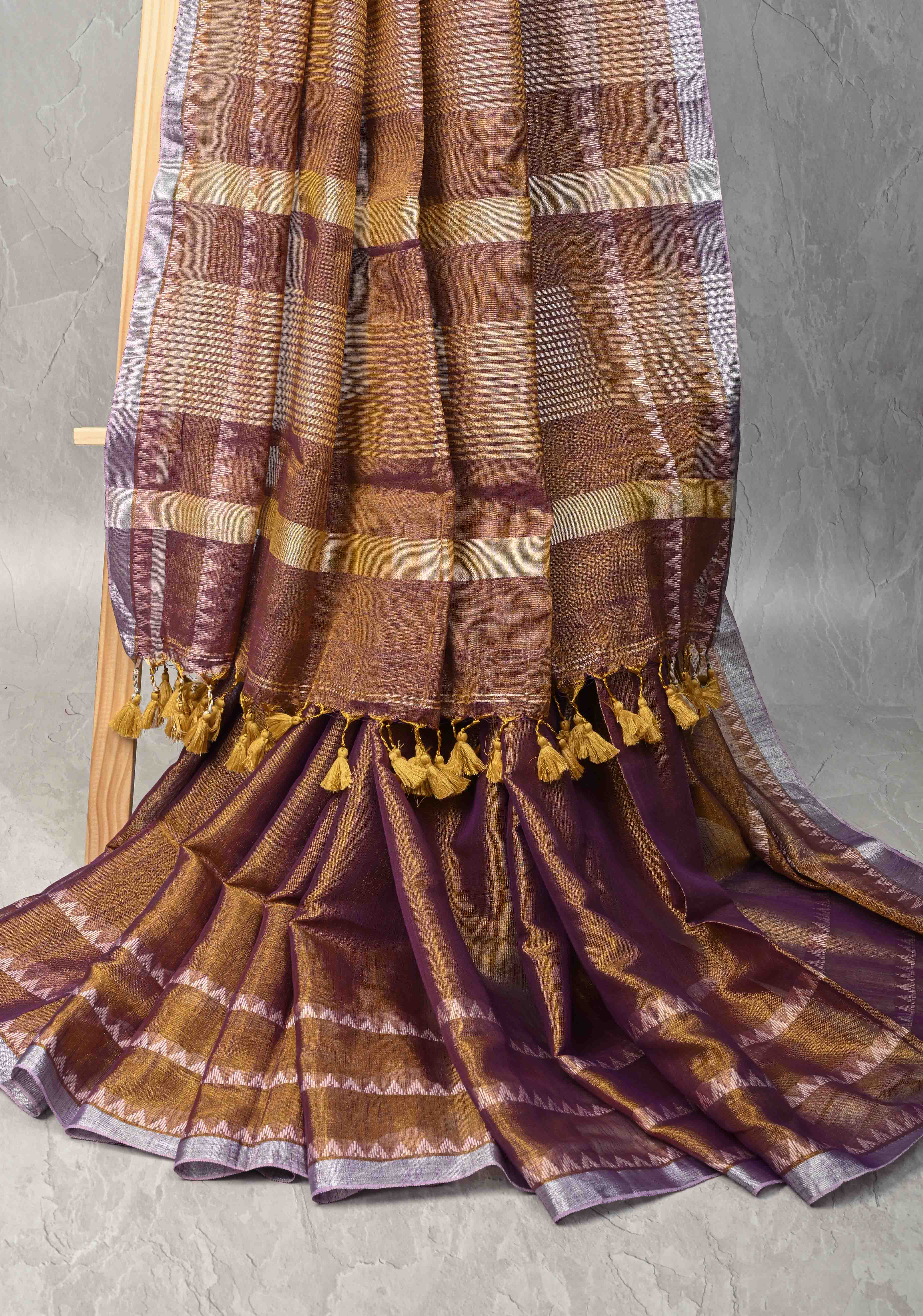 Camel Brown Dual tone Tissue by Tissue Saree with Temple Stripes and Minimal Borders | Shobitam