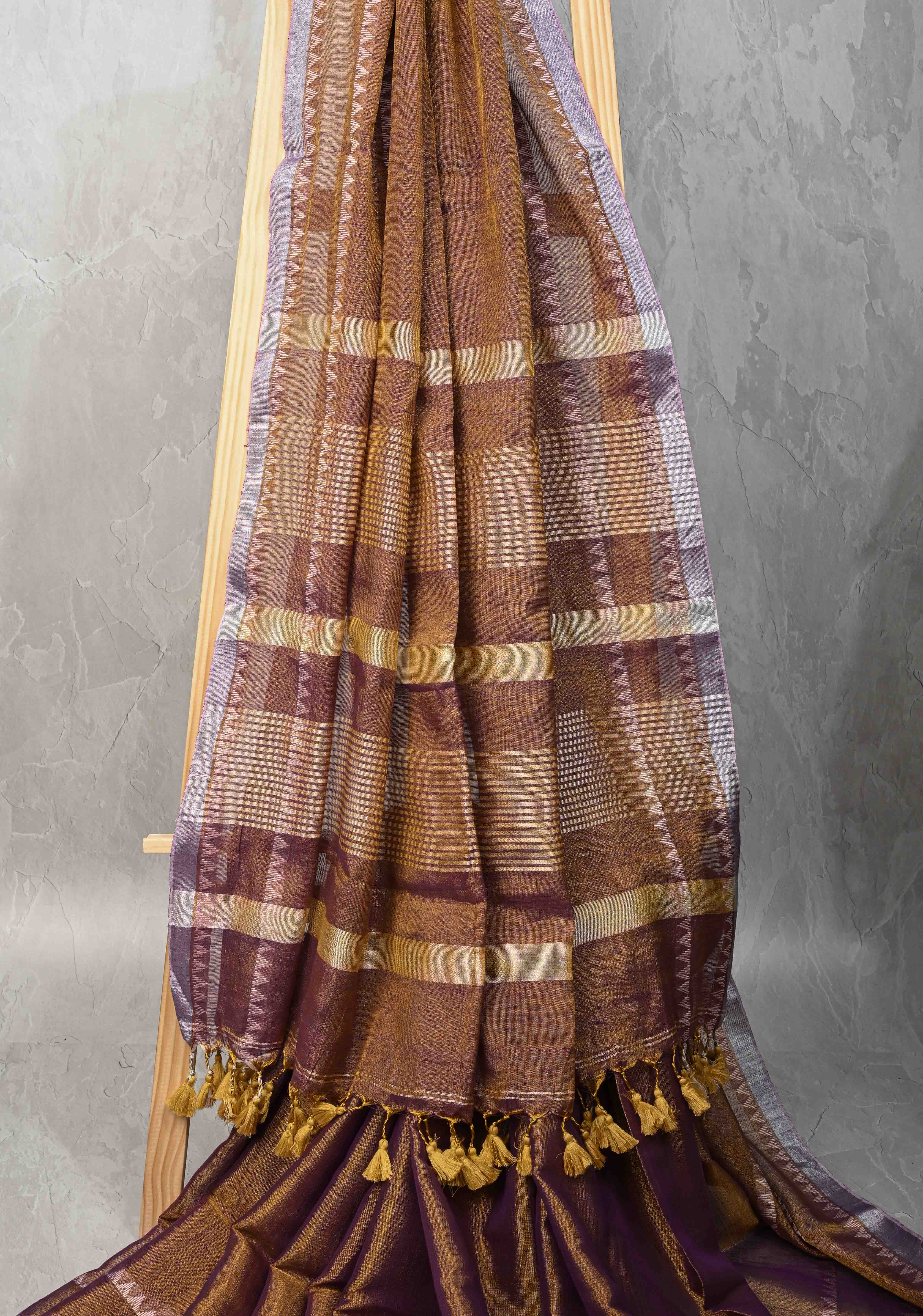 Camel Brown Dual tone Tissue by Tissue Saree with Temple Stripes and Minimal Borders | Shobitam