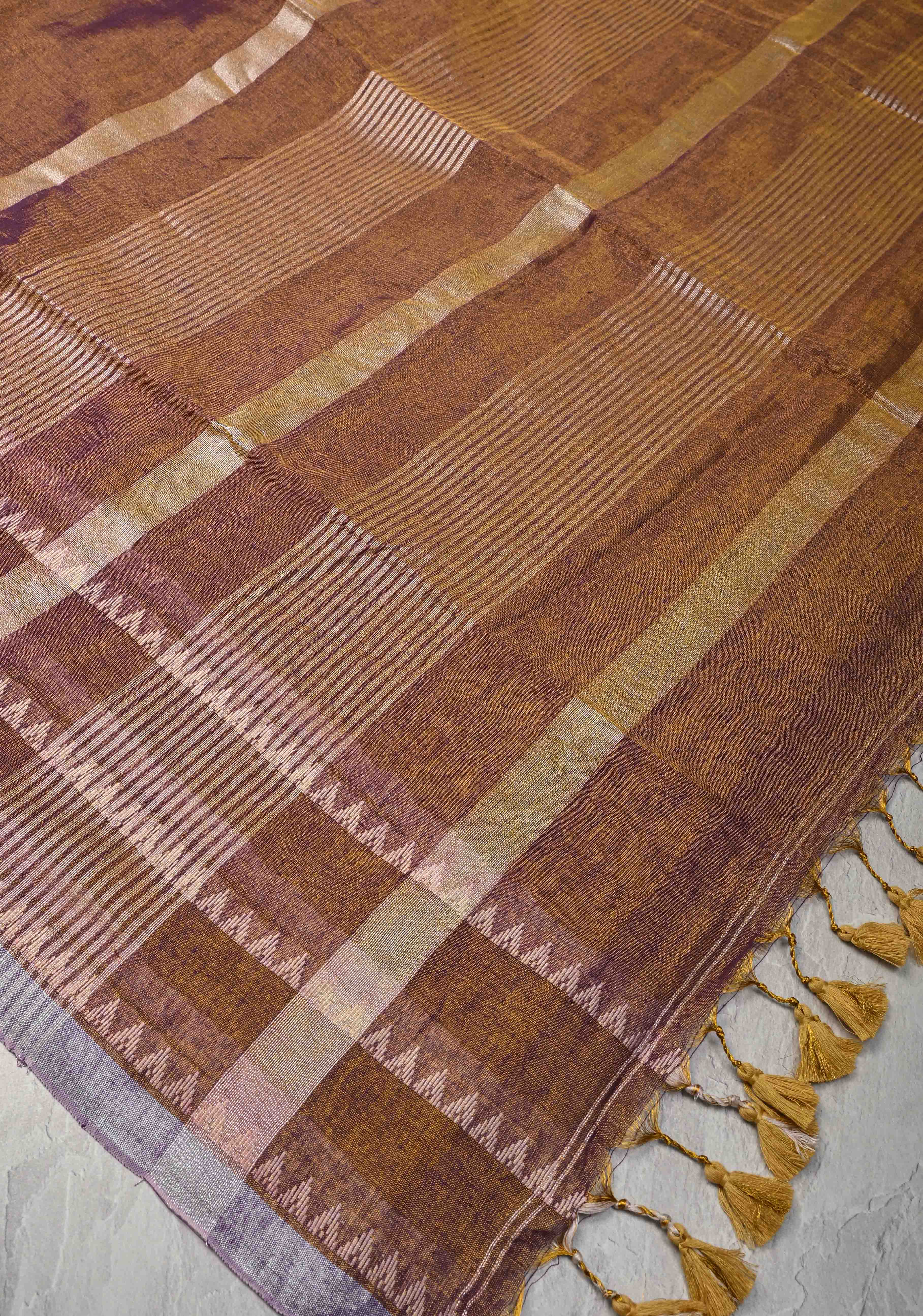 Camel Brown Dual tone Tissue by Tissue Saree with Temple Stripes and Minimal Borders | Shobitam