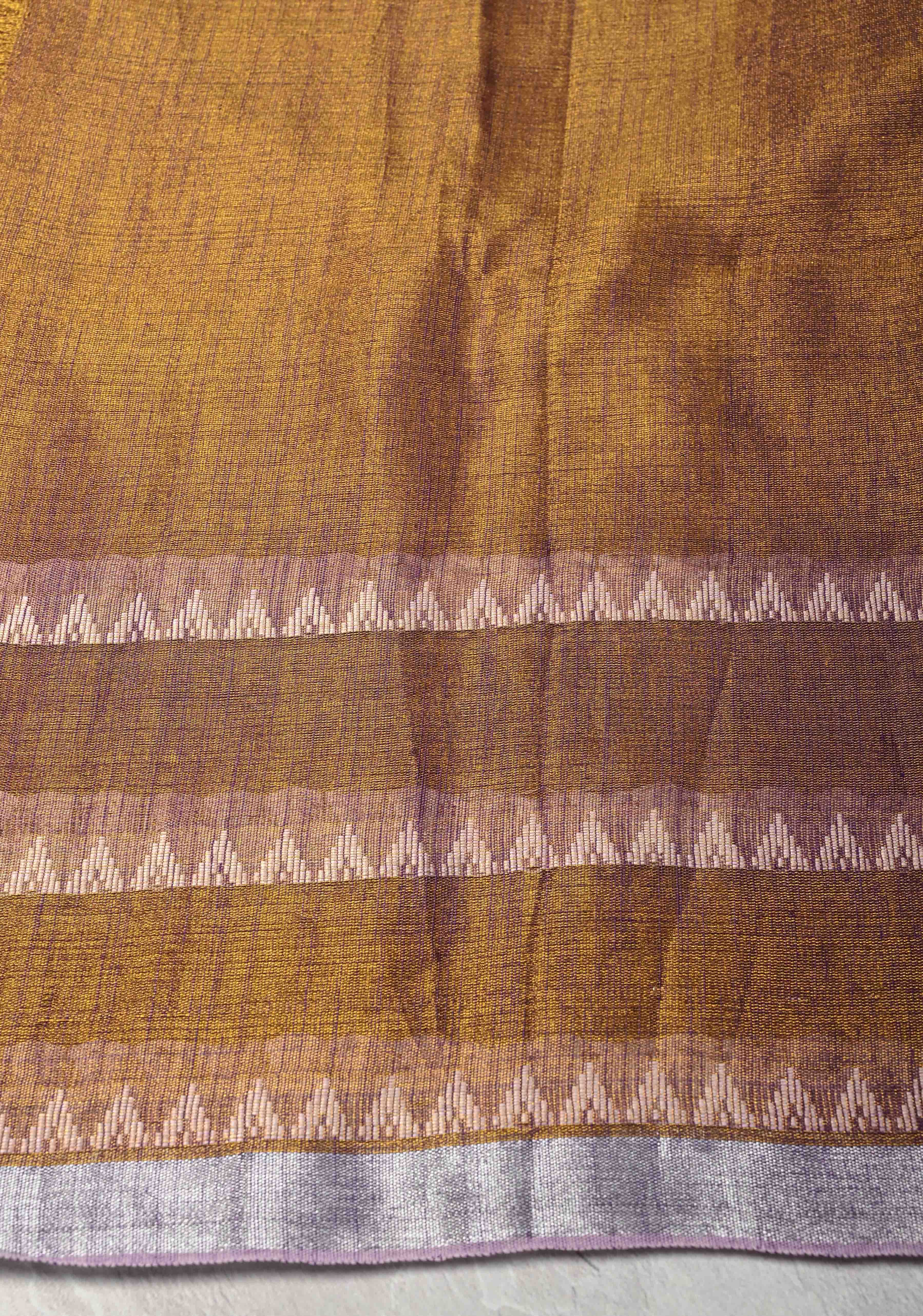 Camel Brown Dual tone Tissue by Tissue Saree with Temple Stripes and Minimal Borders | Shobitam