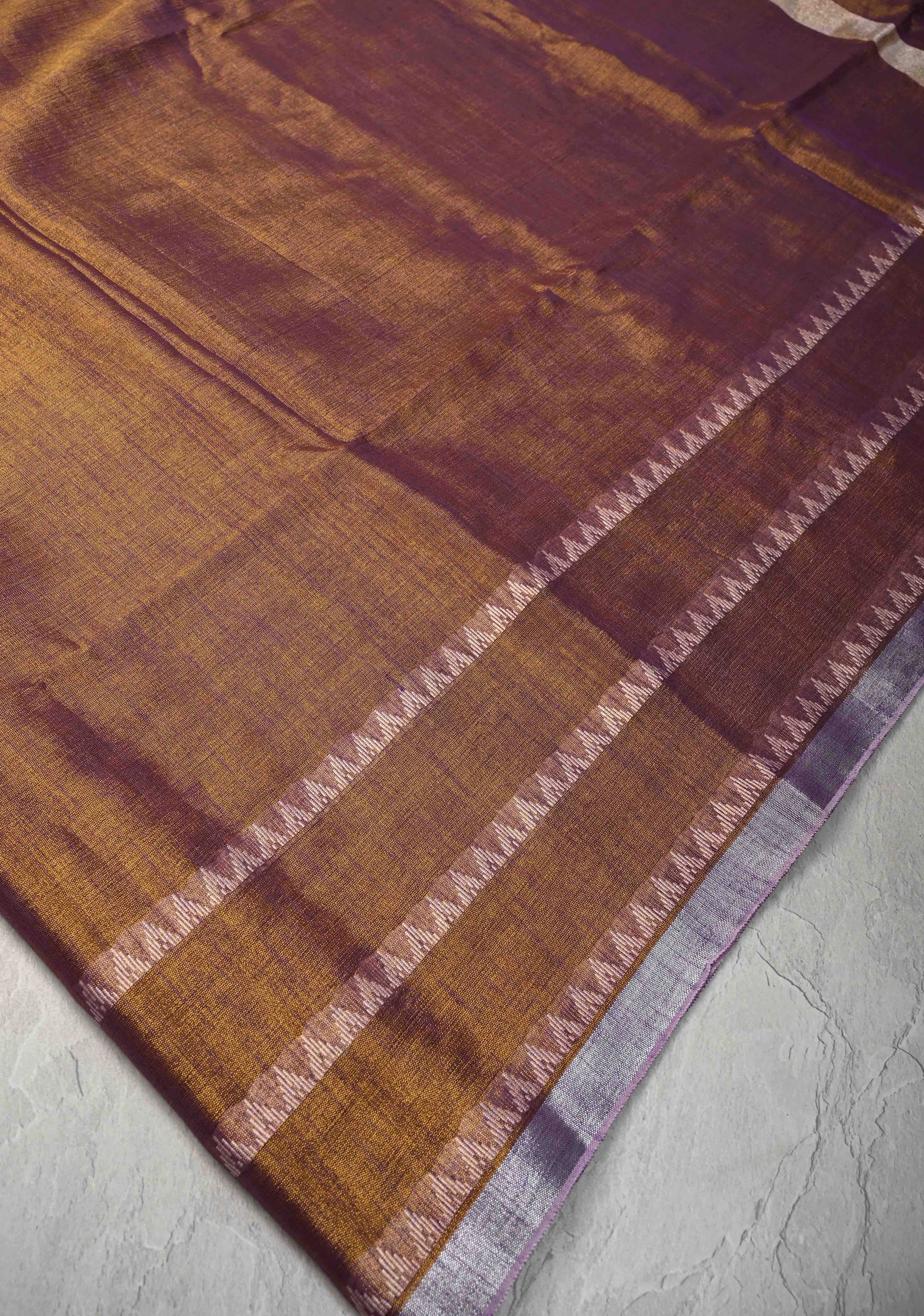 Camel Brown Dual tone Tissue by Tissue Saree with Temple Stripes and Minimal Borders | Shobitam