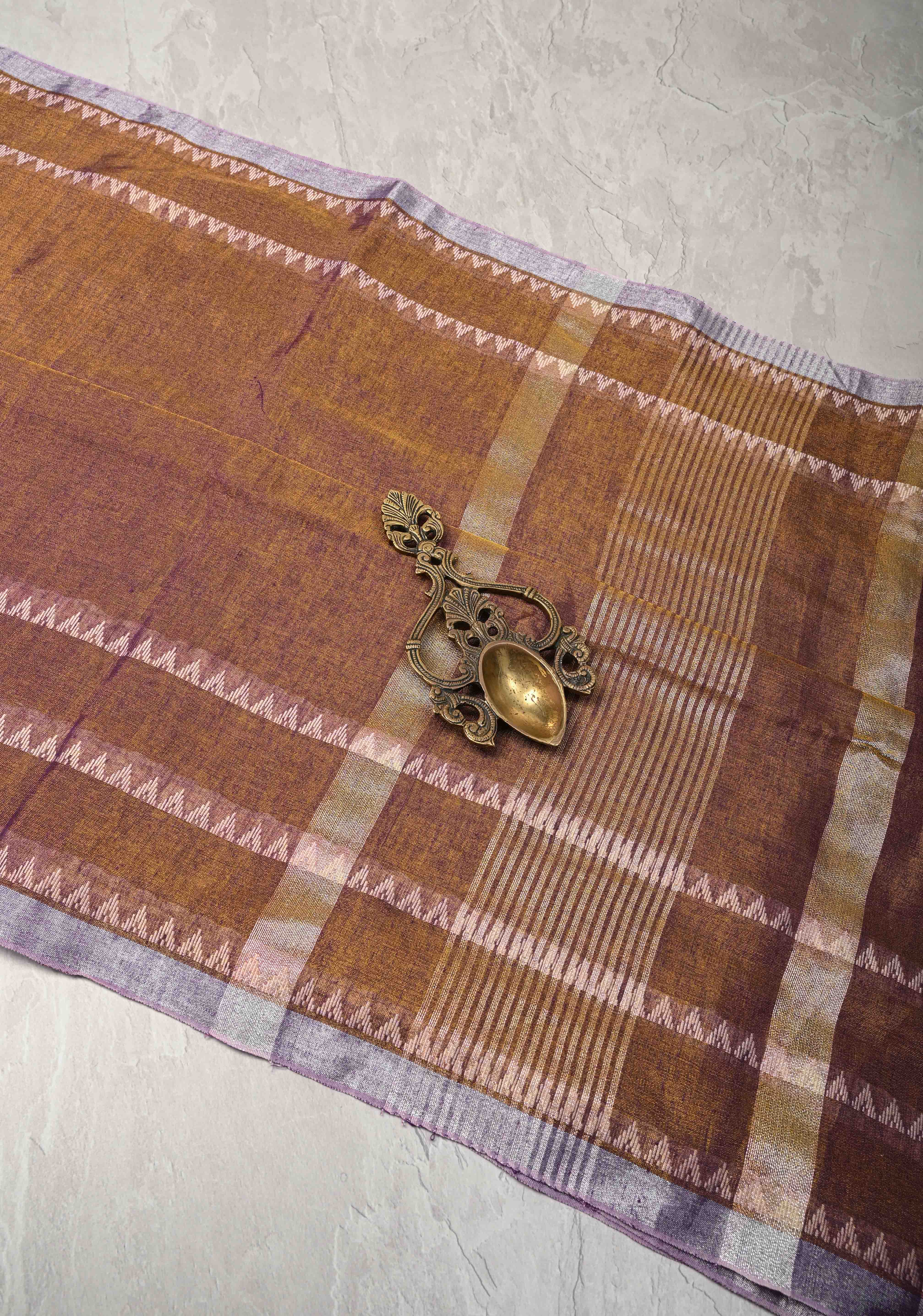 Camel Brown Dual tone Tissue by Tissue Saree with Temple Stripes and Minimal Borders | Shobitam