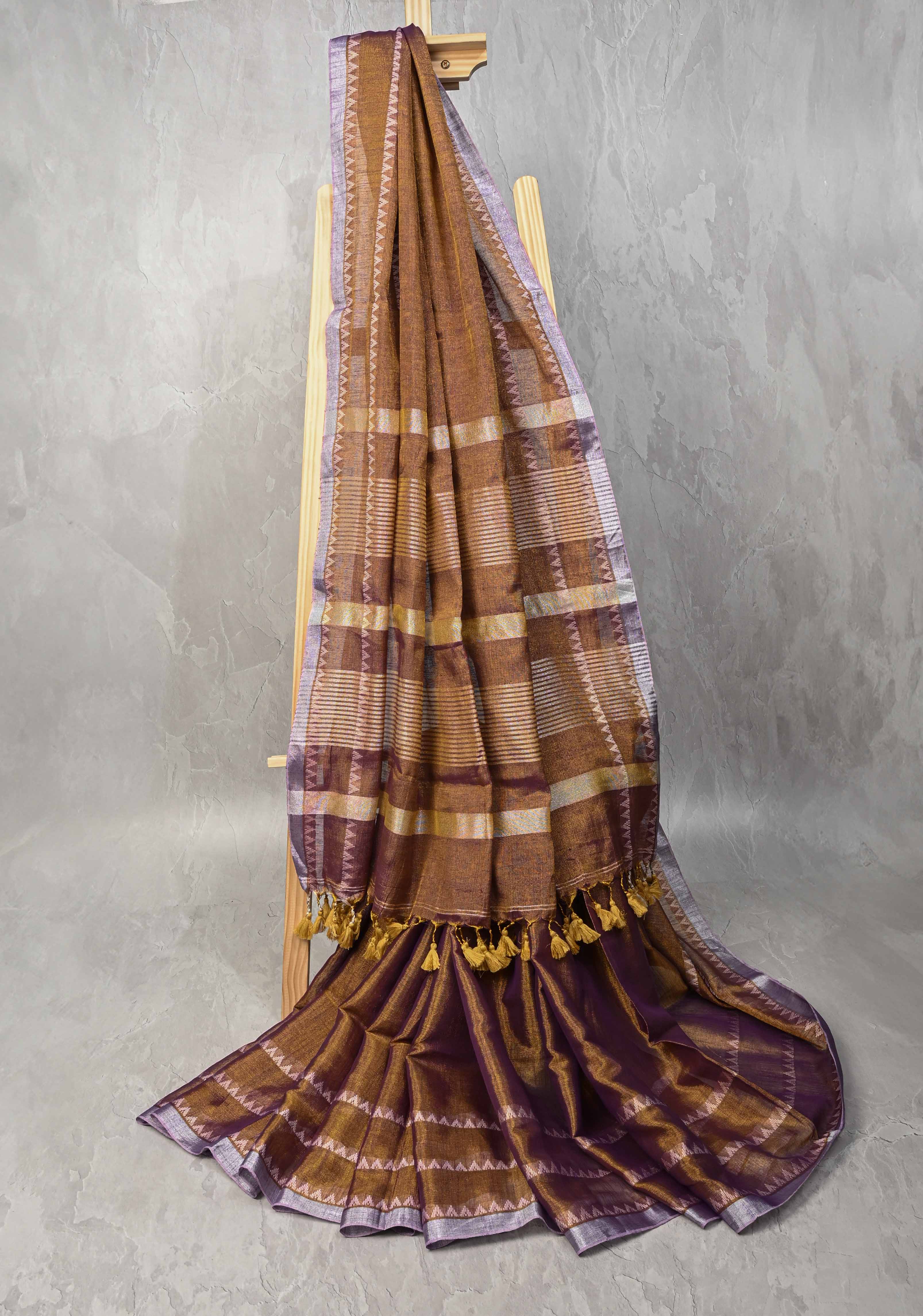 Camel Brown Dual tone Tissue by Tissue Saree with Temple Stripes and Minimal Borders | Shobitam