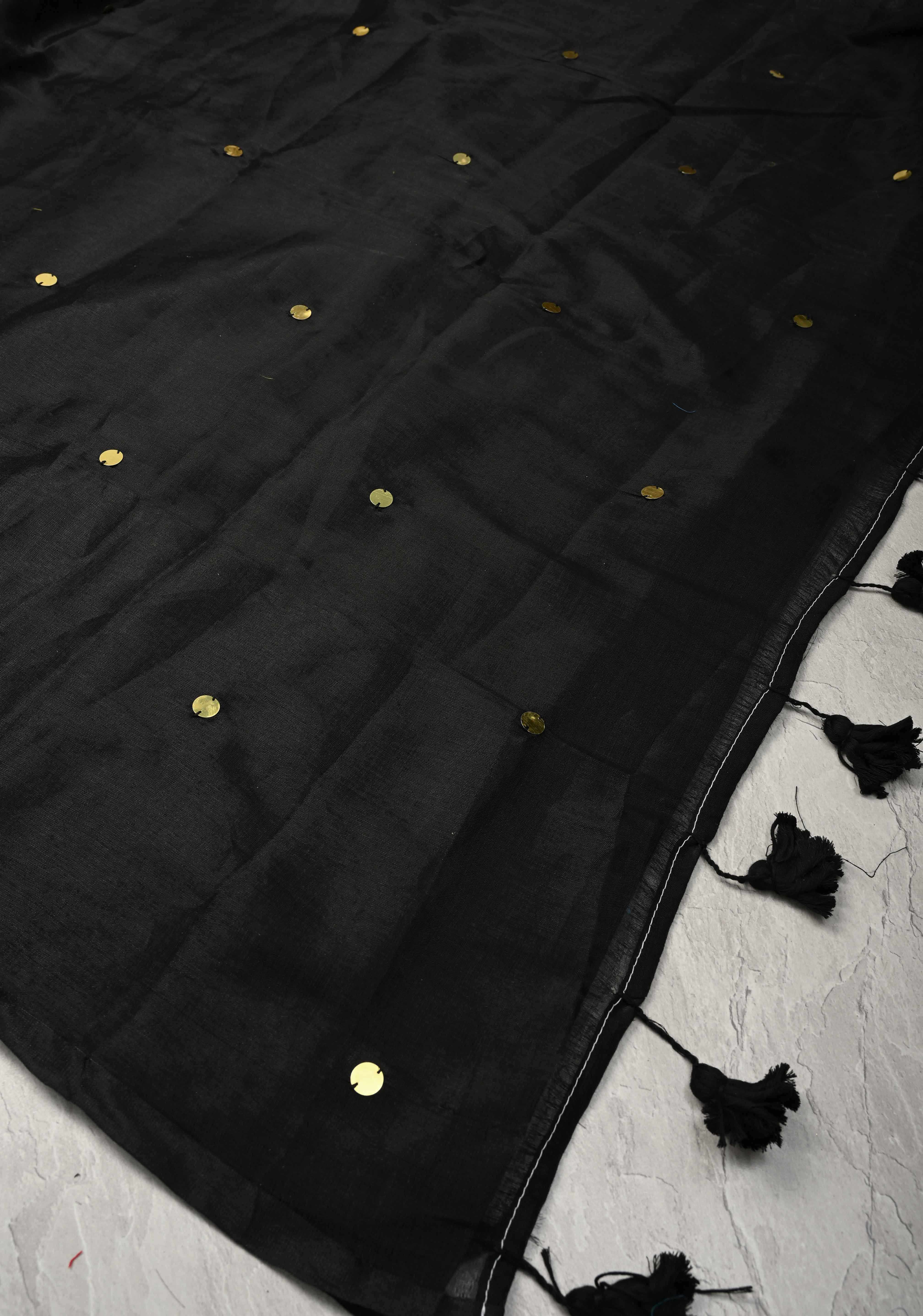 Black Cotton Organza Saree with Tikki Work and Long Tassels. | Shobitam