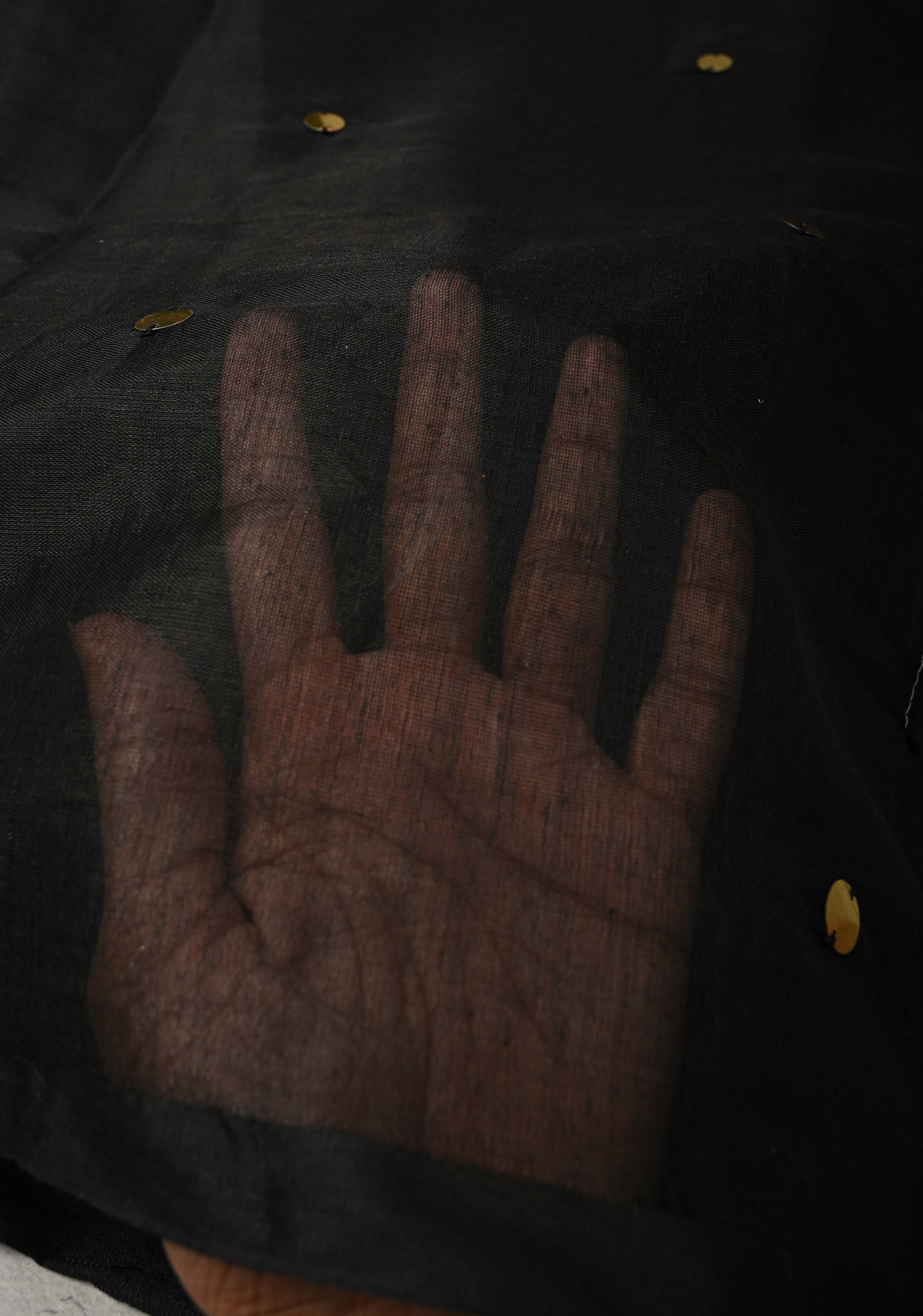 Black Cotton Organza Saree with Tikki Work and Long Tassels. | Shobitam