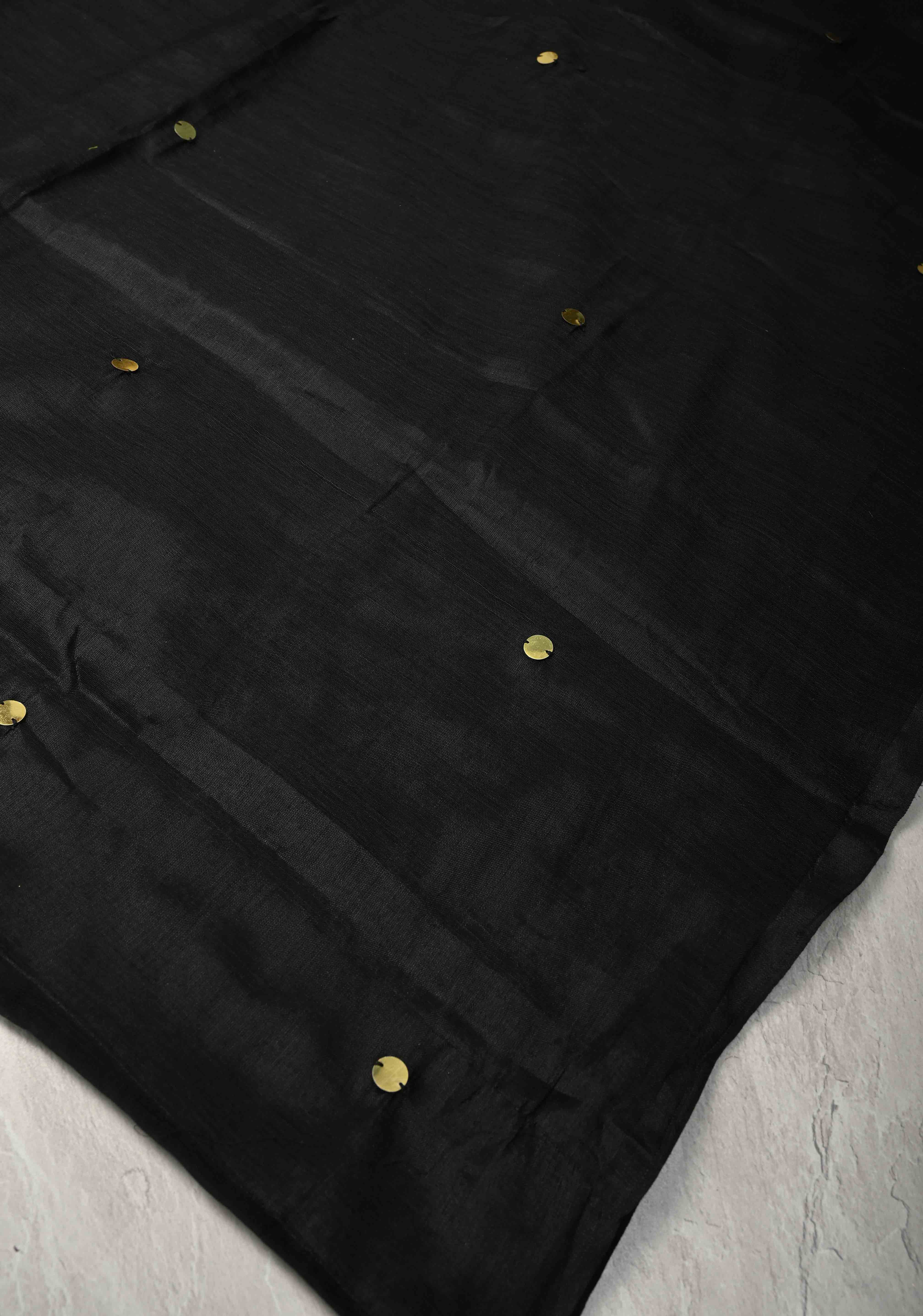 Black Cotton Organza Saree with Tikki Work and Long Tassels. | Shobitam