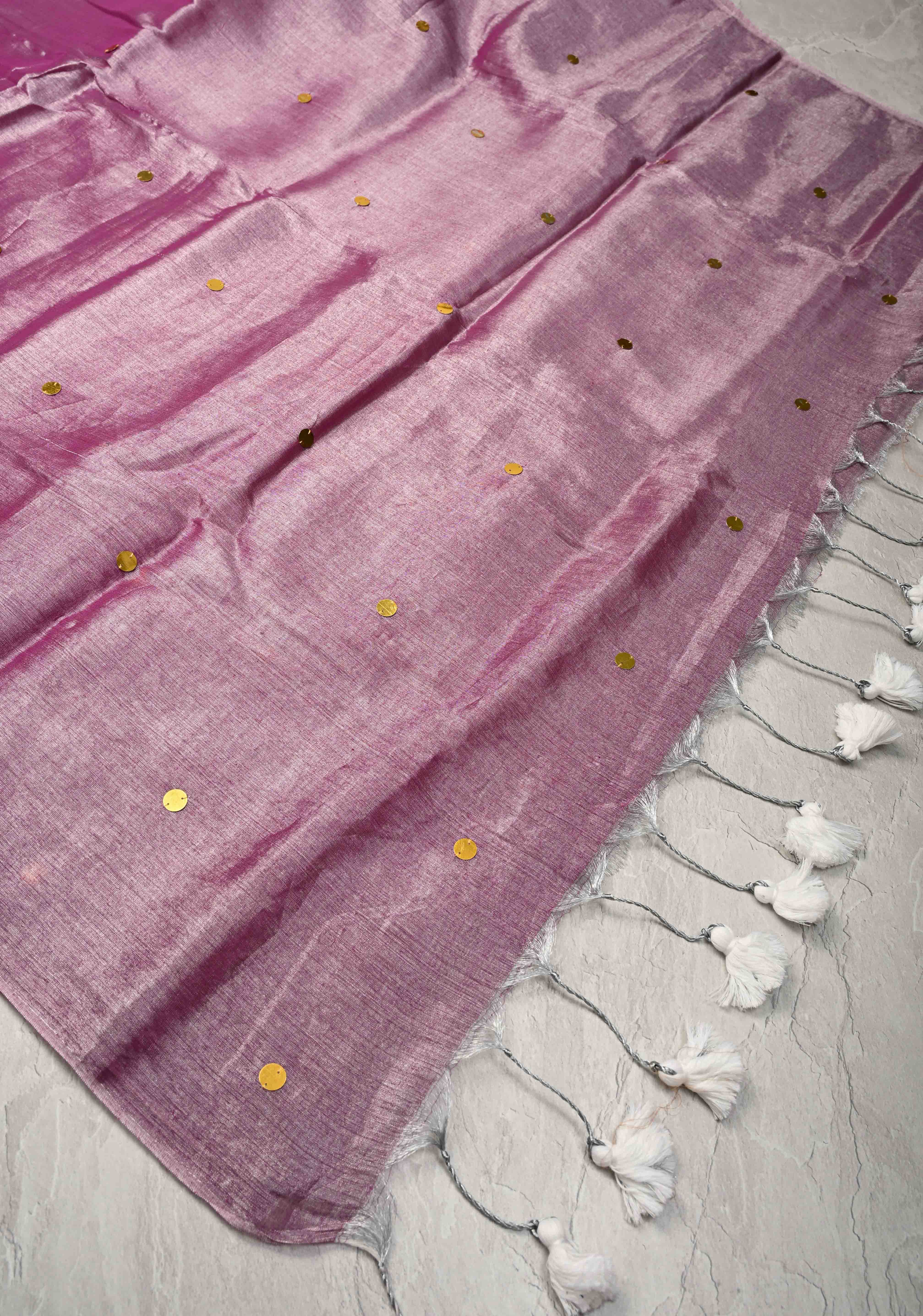 Amethyst Tissue by Tissue Saree with Tikki Work and Long Tassels | SHOBITAM