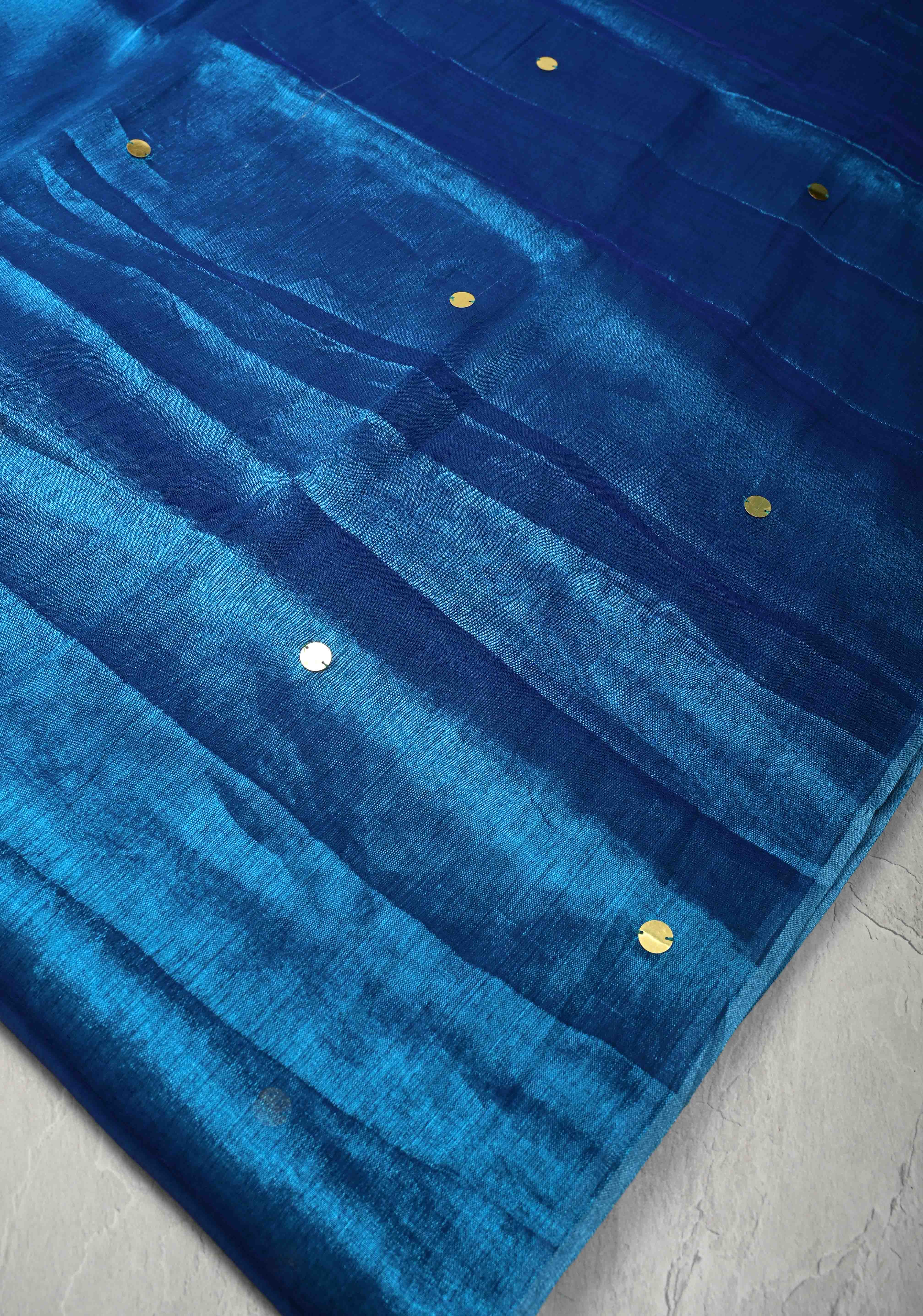 copper sulphate blue Tissue by Tissue Saree with Tikki Work and Long Tassels
