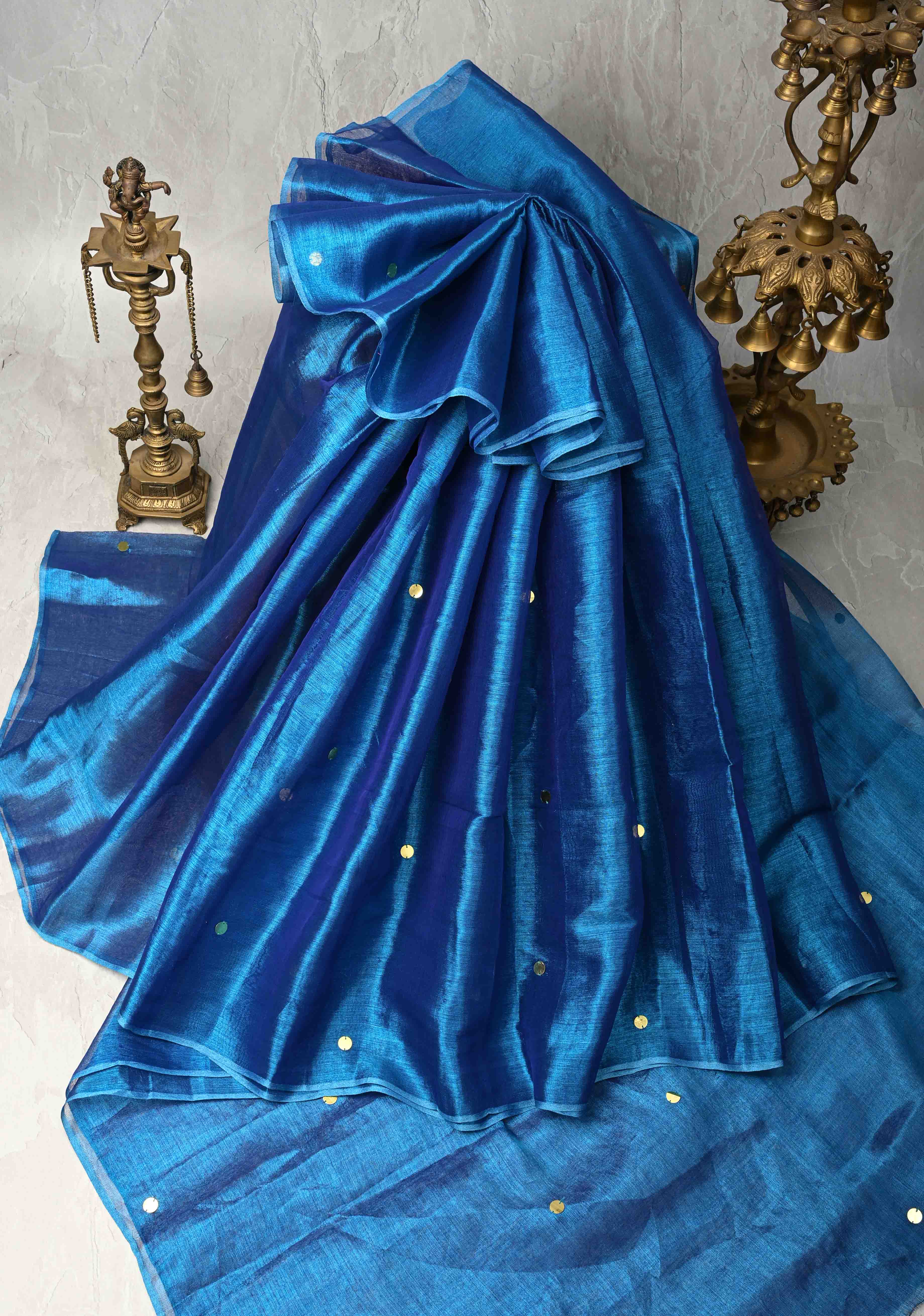 copper sulphate blue Tissue by Tissue Saree with Tikki Work and Long Tassels