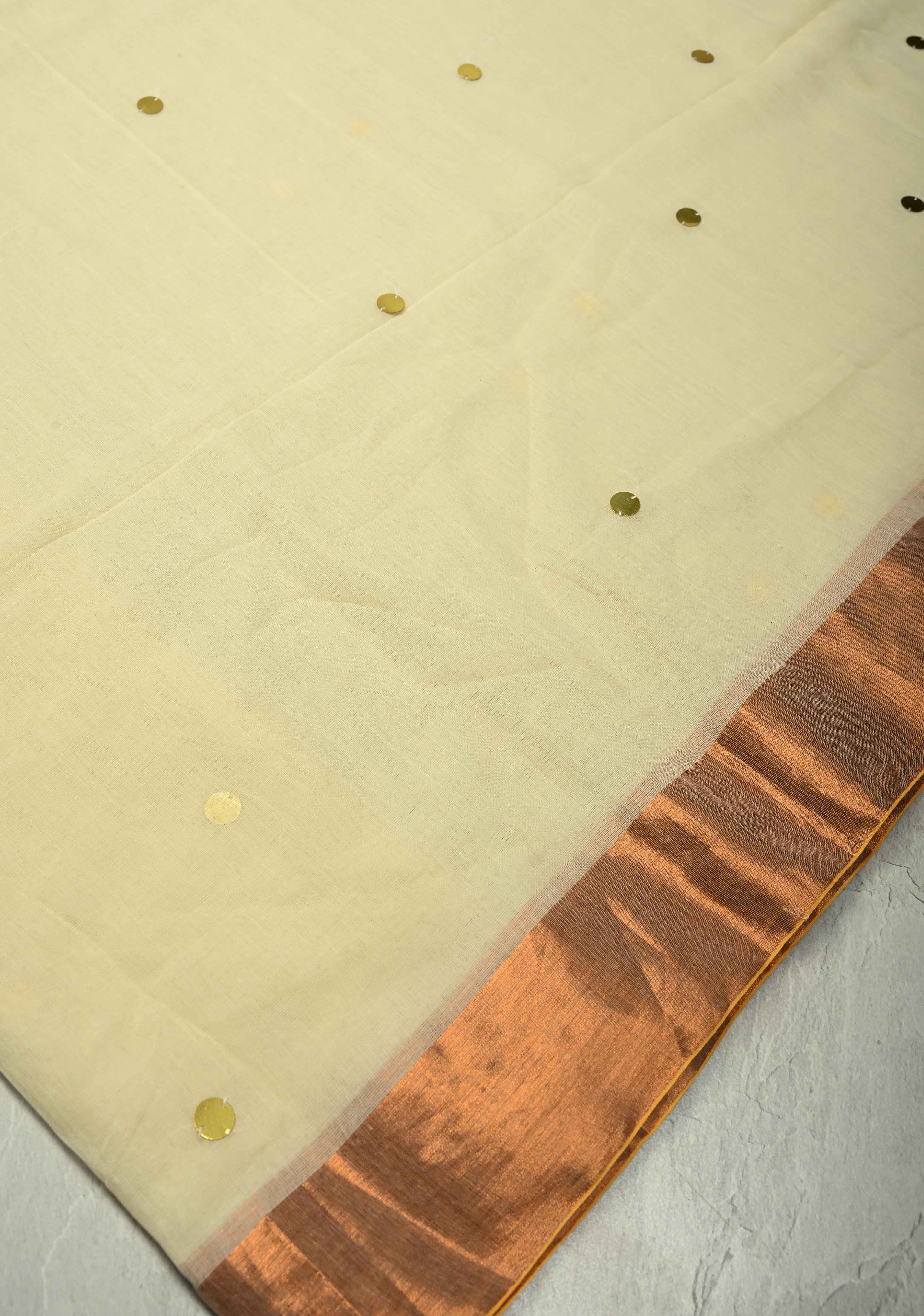 Off White Mul Cotton saree in With Tikki work and Long Tassels, No Blouse Piece | Shobitam