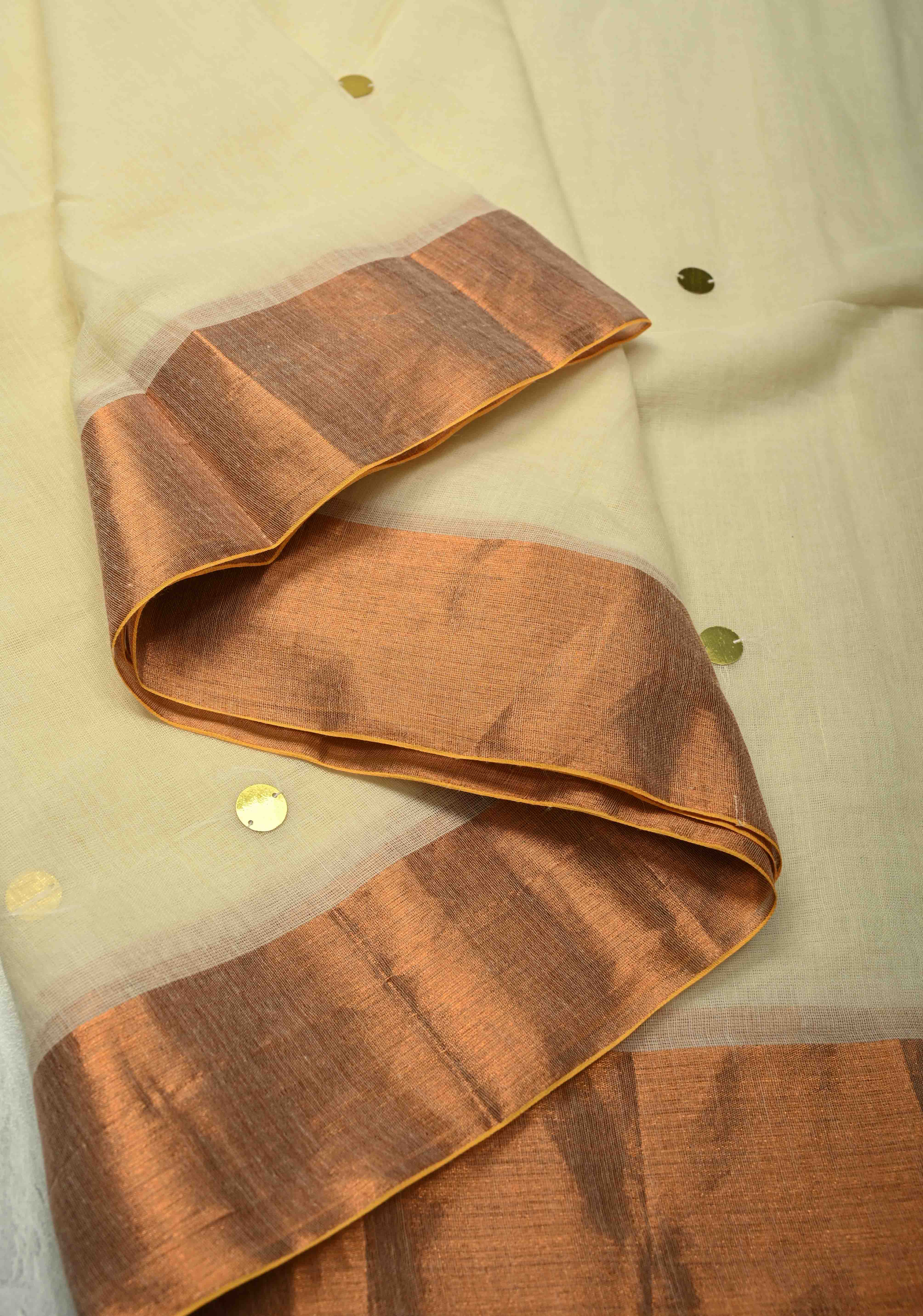 Off White Mul Cotton saree in With Tikki work and Long Tassels, No Blouse Piece | Shobitam