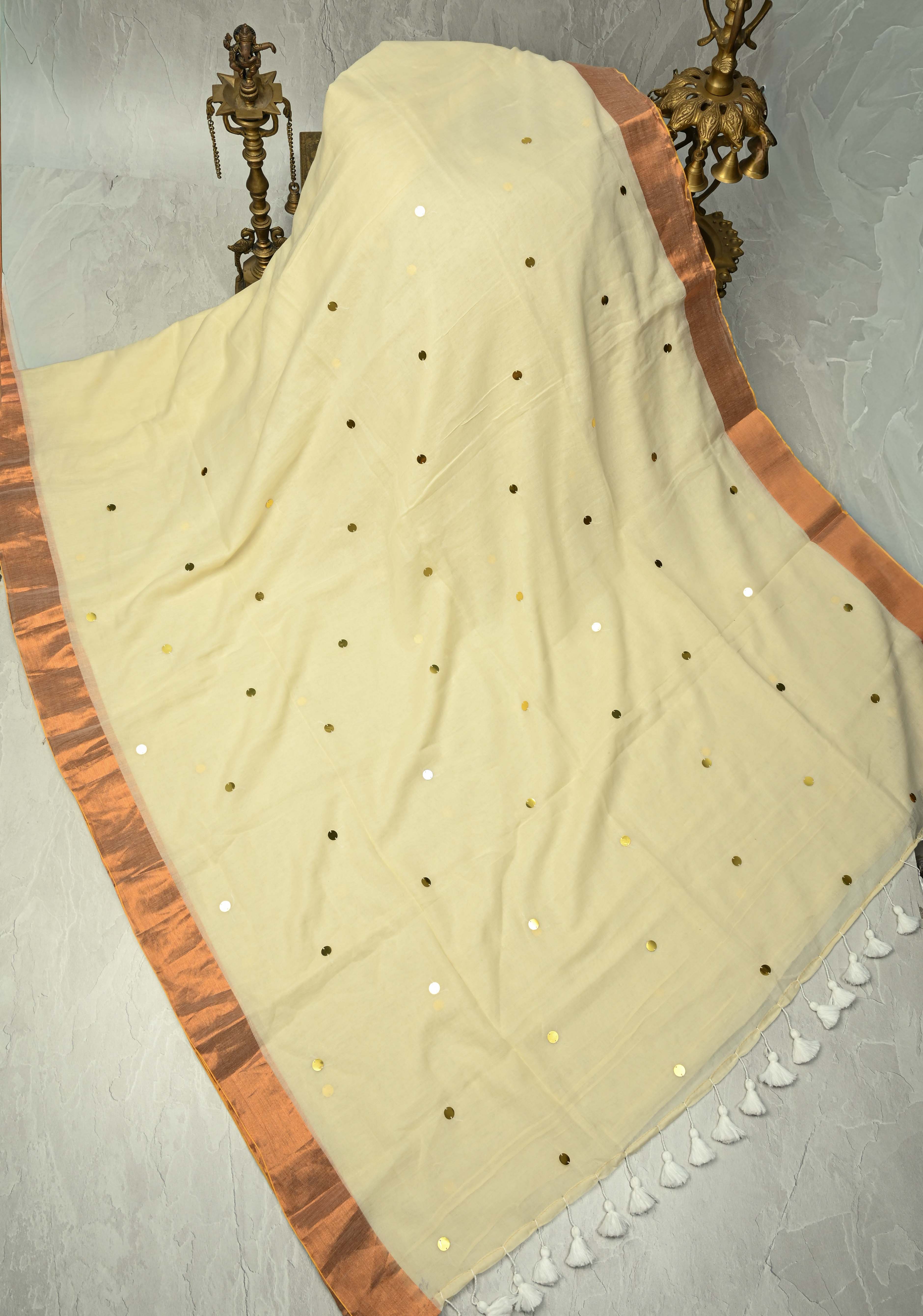 Off White Mul Cotton saree in With Tikki work and Long Tassels, No Blouse Piece | Shobitam