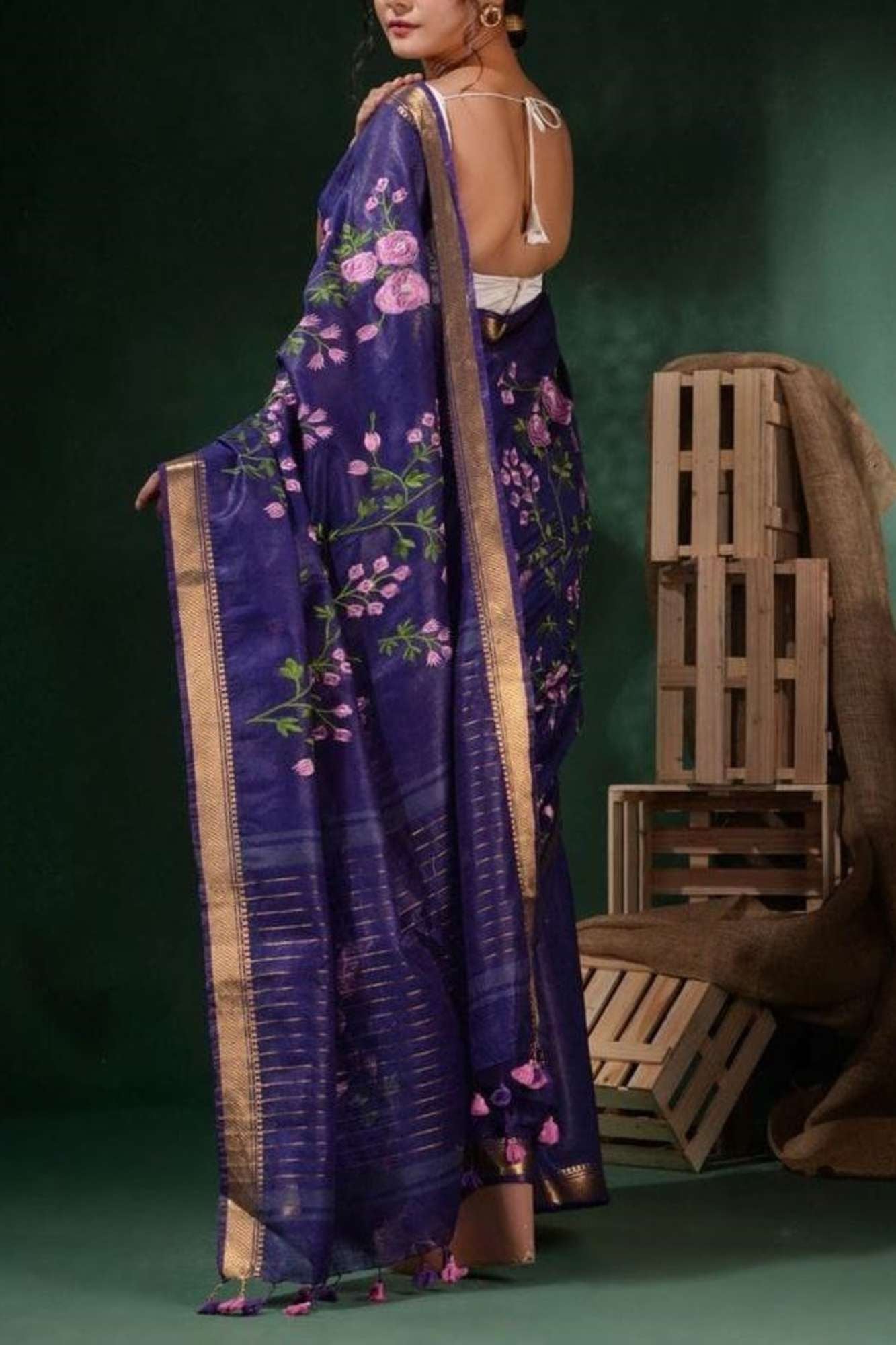 Linen Silk with Floral Embroidery & Golden Mangalgiri Zari Border Ready To Wear Saree