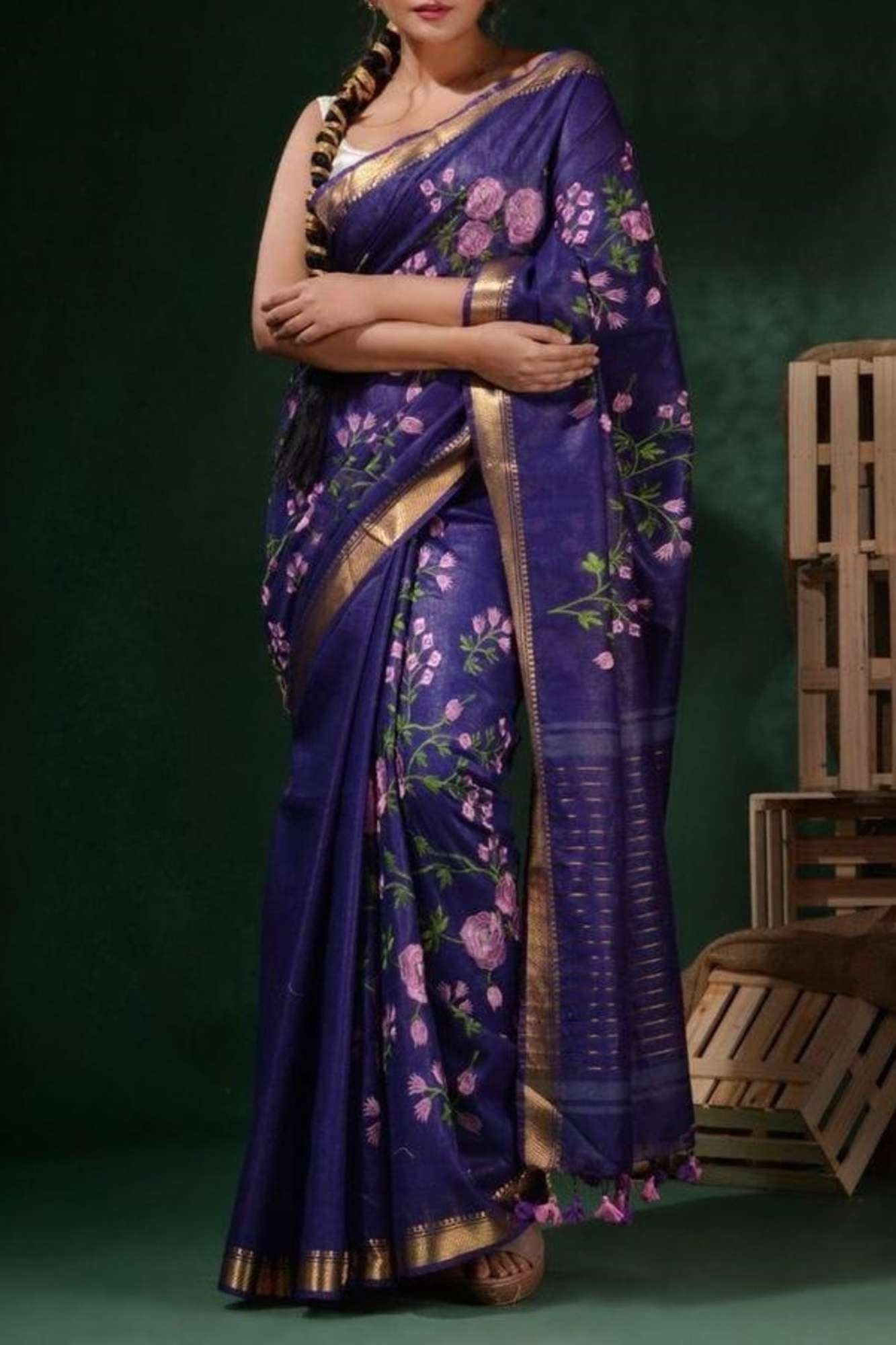 Linen Silk with Floral Embroidery & Golden Mangalgiri Zari Border Ready To Wear Saree