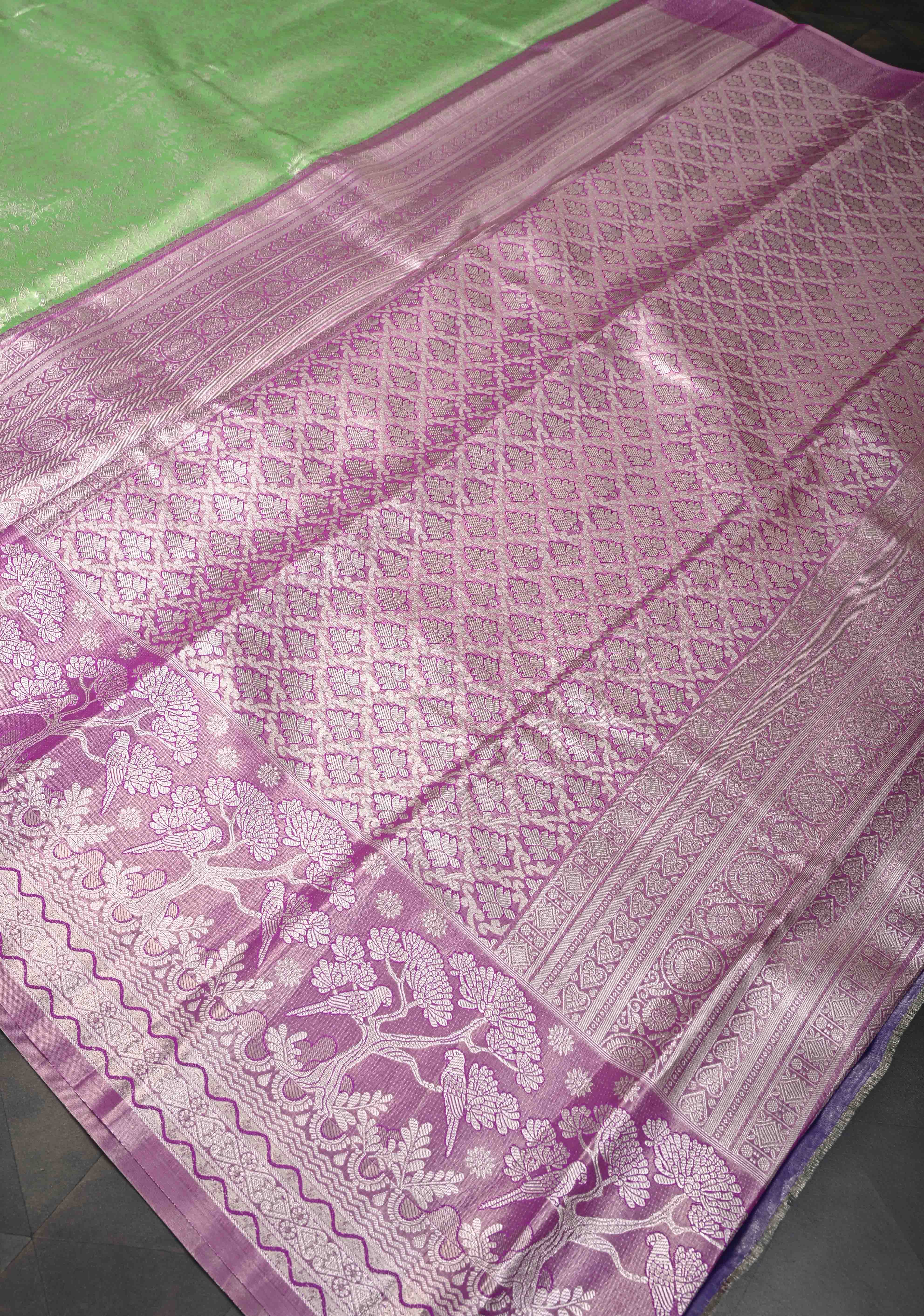 Dark Pista Green Semi Silk Tissue Kanjivaram Saree with Brocade Jaal and Contrast Meenakari Parrot Zari Border | Shobitam