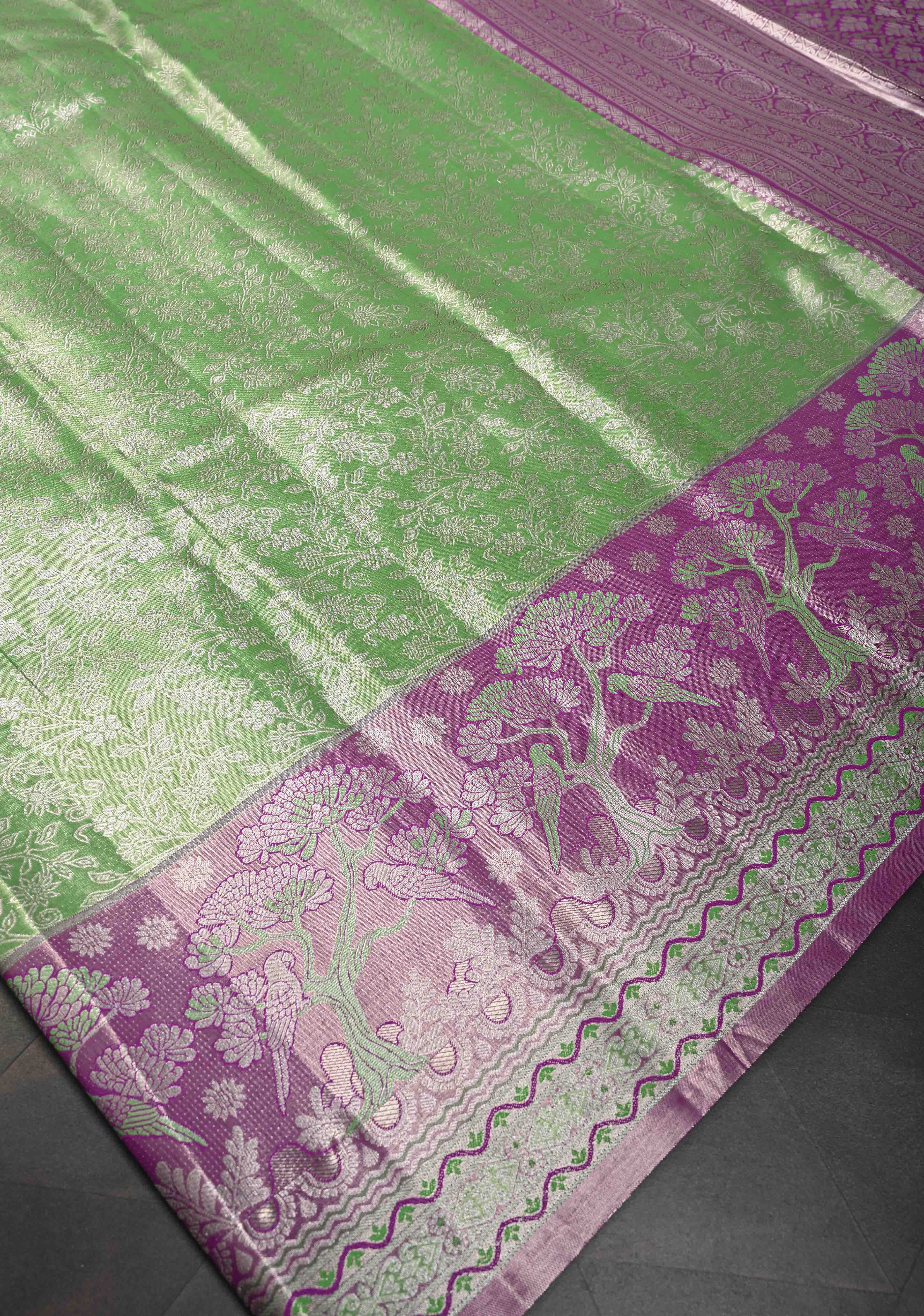 Dark Pista Green Semi Silk Tissue Kanjivaram Saree with Brocade Jaal and Contrast Meenakari Parrot Zari Border | Shobitam