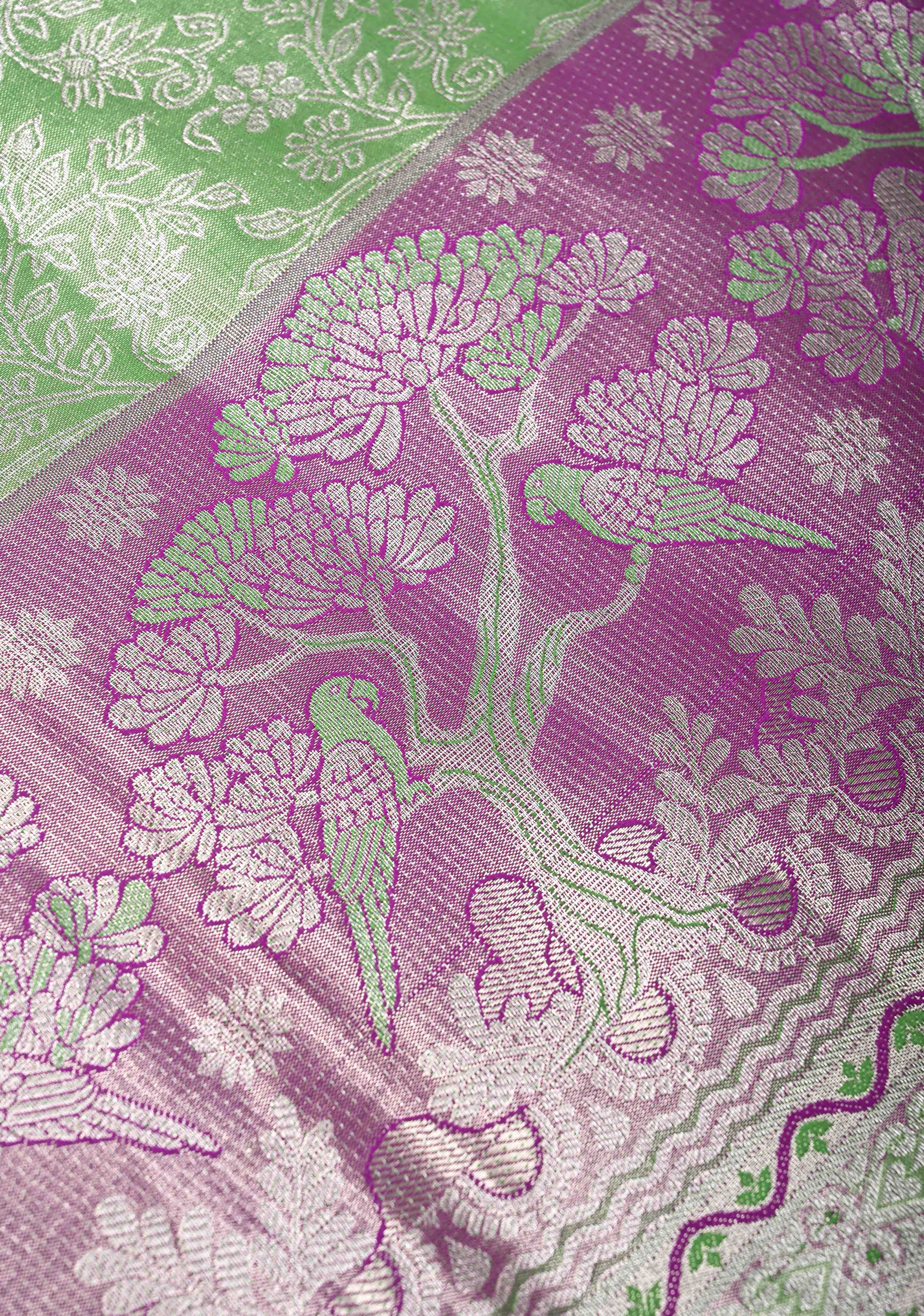 Dark Pista Green Semi Silk Tissue Kanjivaram Saree with Brocade Jaal and Contrast Meenakari Parrot Zari Border | Shobitam