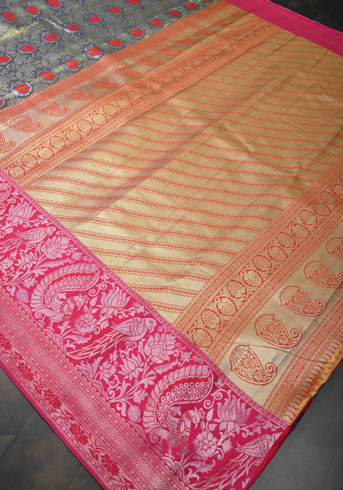 Blue-Gold Semi Silk Tissue Kanjivaram Saree with Meenakari Jaal and Contrast Birds Zari Border | SHOBITAM