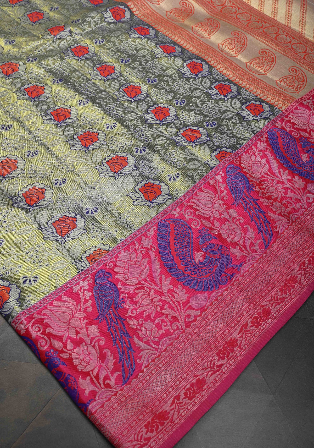 Blue-Gold Semi Silk Tissue Kanjivaram Saree with Meenakari Jaal and Contrast Birds Zari Border | SHOBITAM