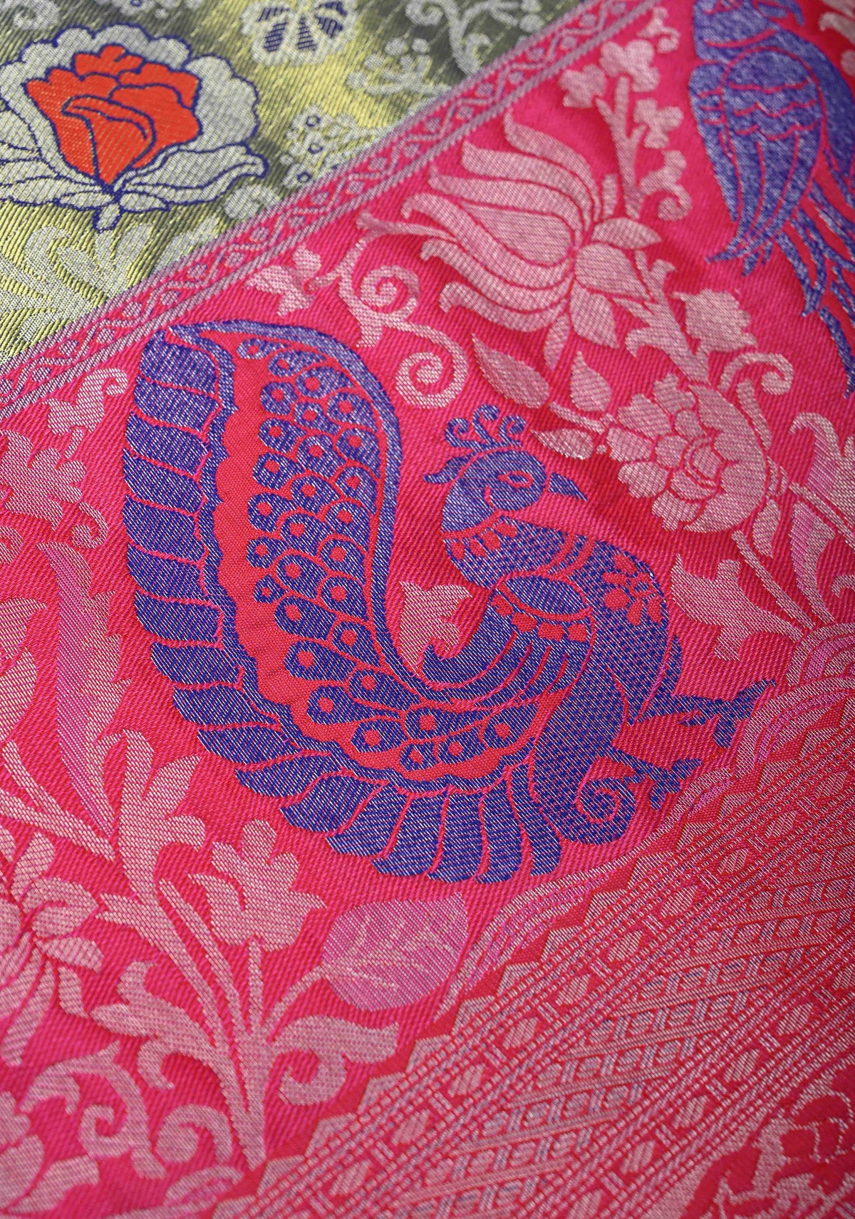 Blue-Gold Semi Silk Tissue Kanjivaram Saree with Meenakari Jaal and Contrast Birds Zari Border | SHOBITAM