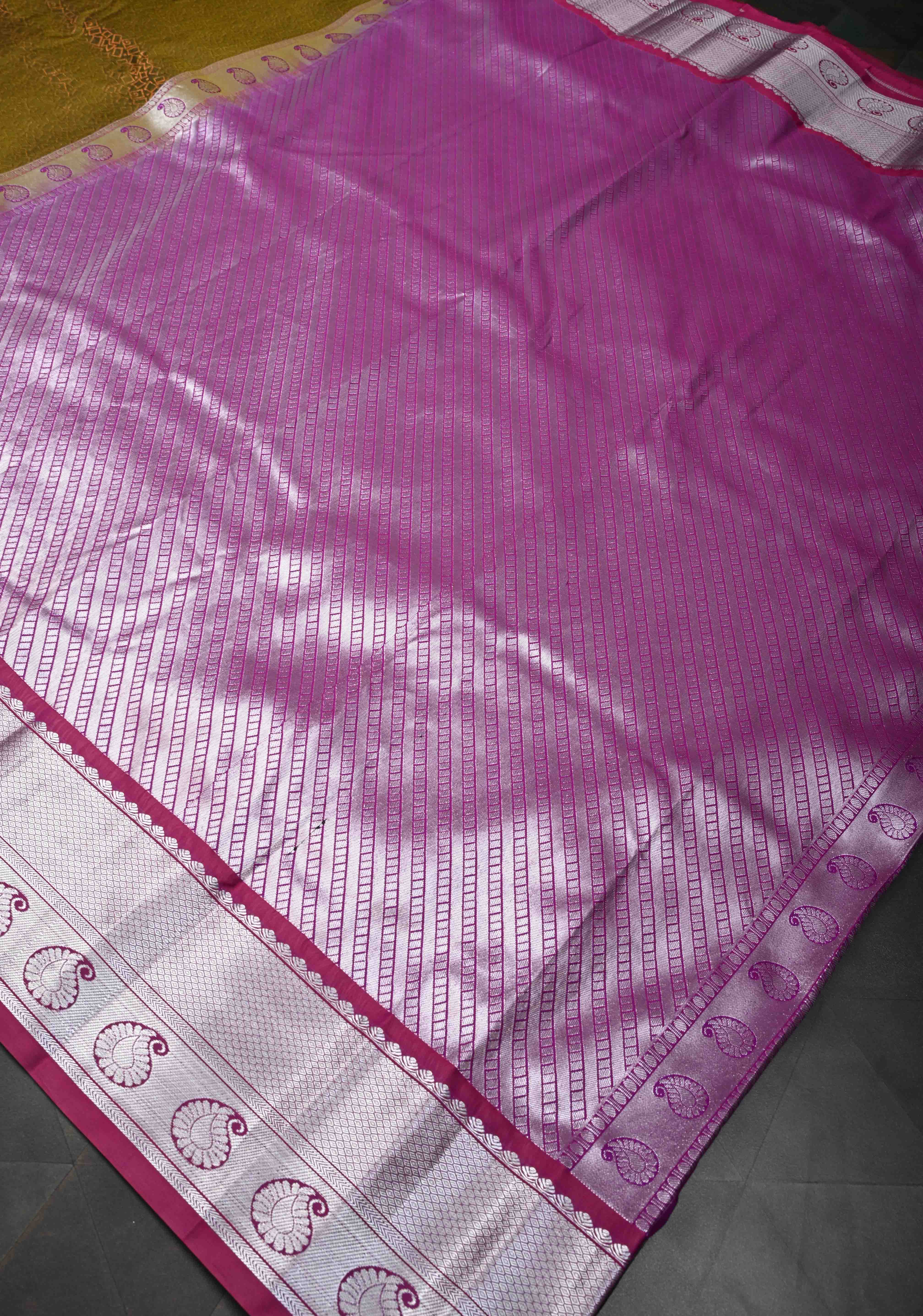 Olive Green Geometric Brocade Kanjivaram Semi Silk Saree with Zari Border | Shobitam