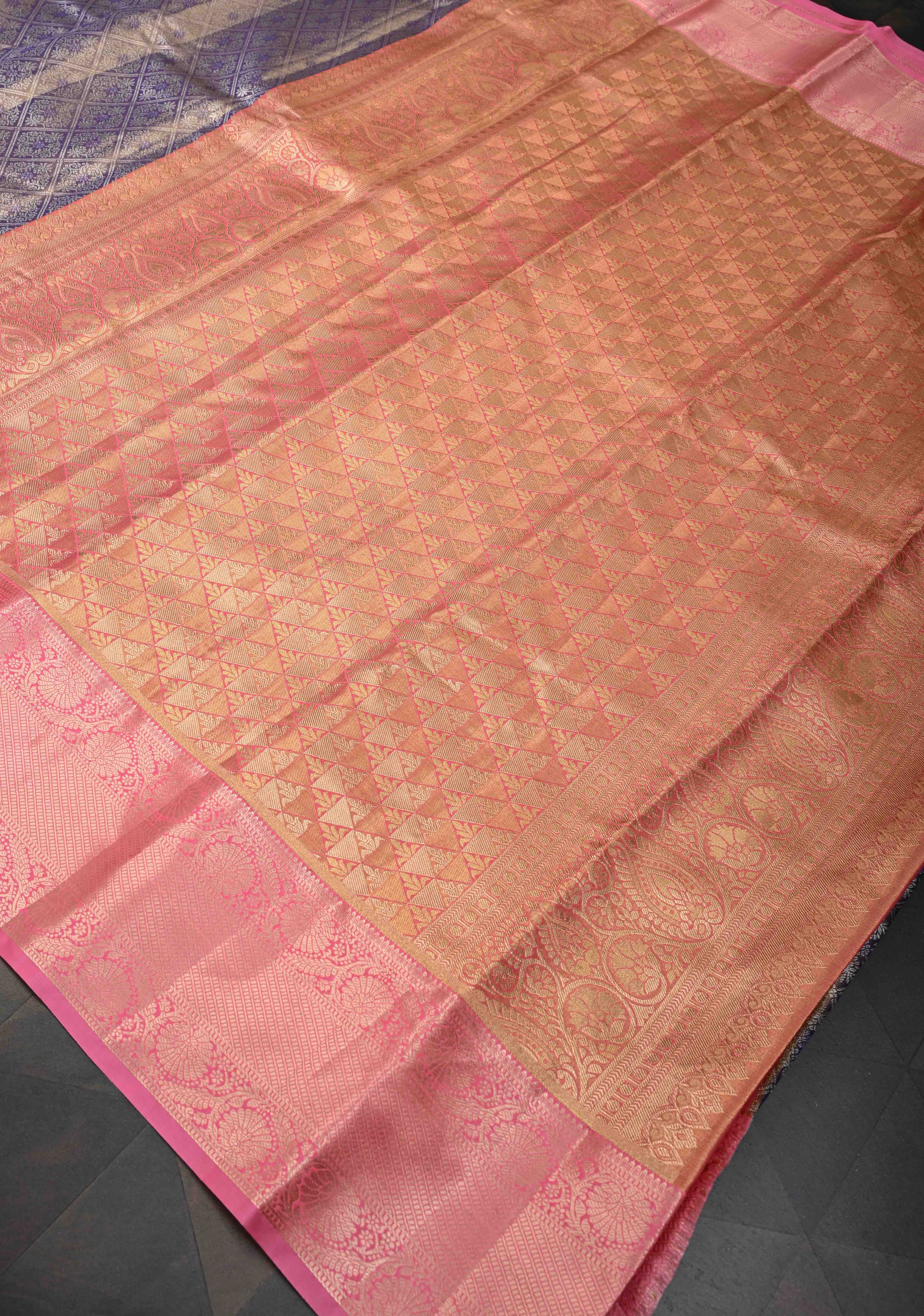 Amethyst Semi Silk Tissue Kanjivaram Saree with Brocade Jaal and Contrast Zari Border | Shobitam