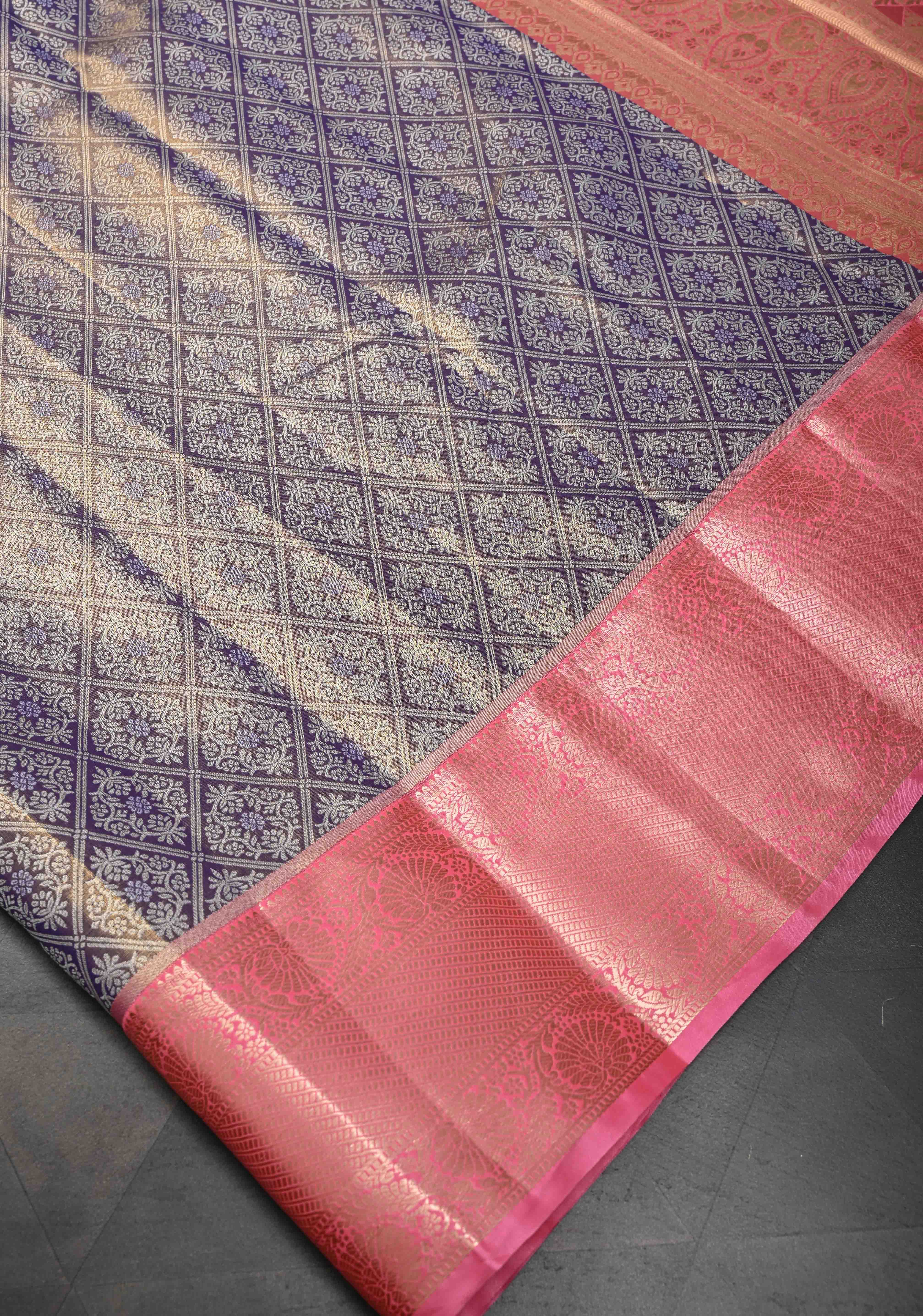 Amethyst Semi Silk Tissue Kanjivaram Saree with Brocade Jaal and Contrast Zari Border | Shobitam