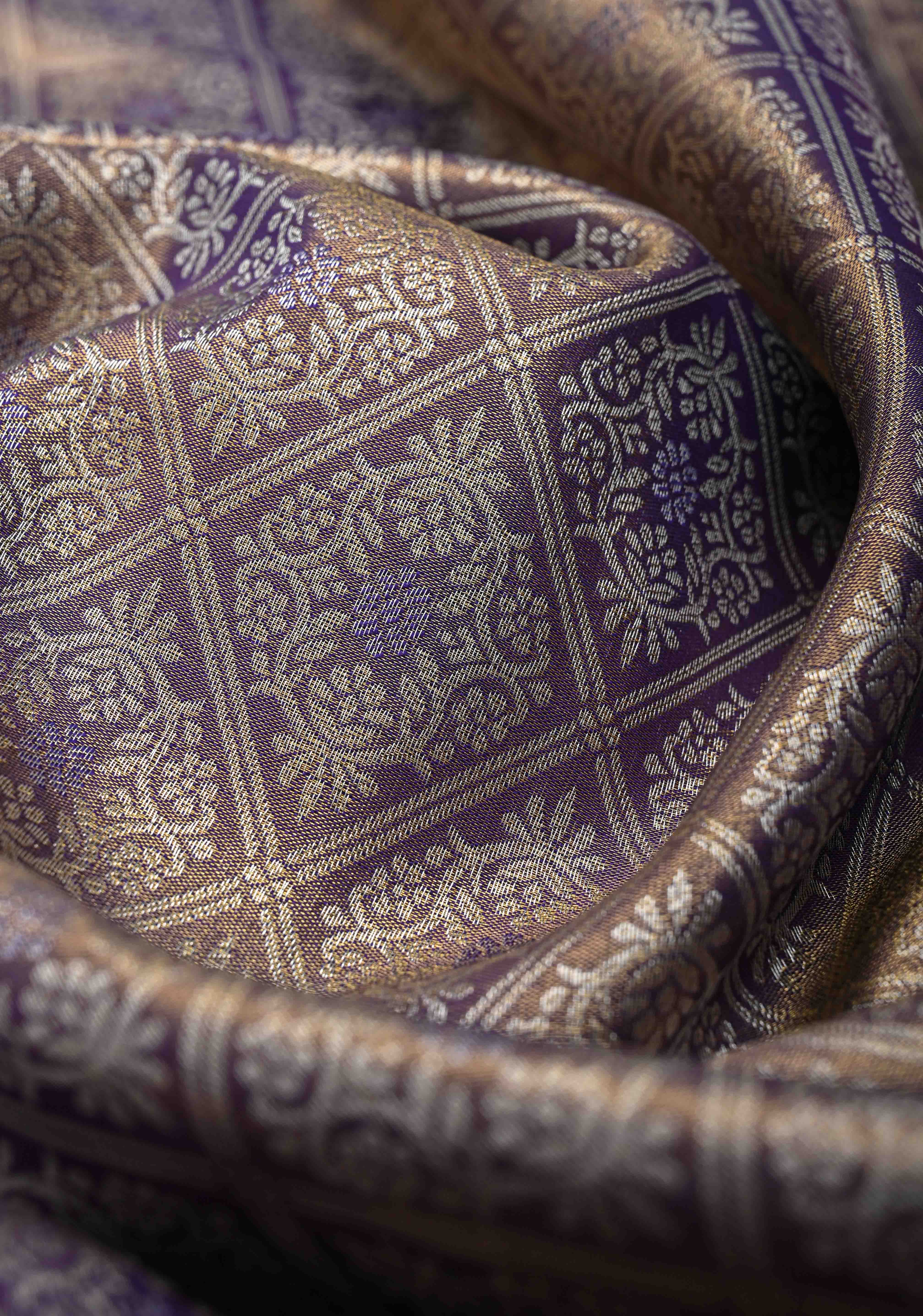 Amethyst Semi Silk Tissue Kanjivaram Saree with Brocade Jaal and Contrast Zari Border | Shobitam