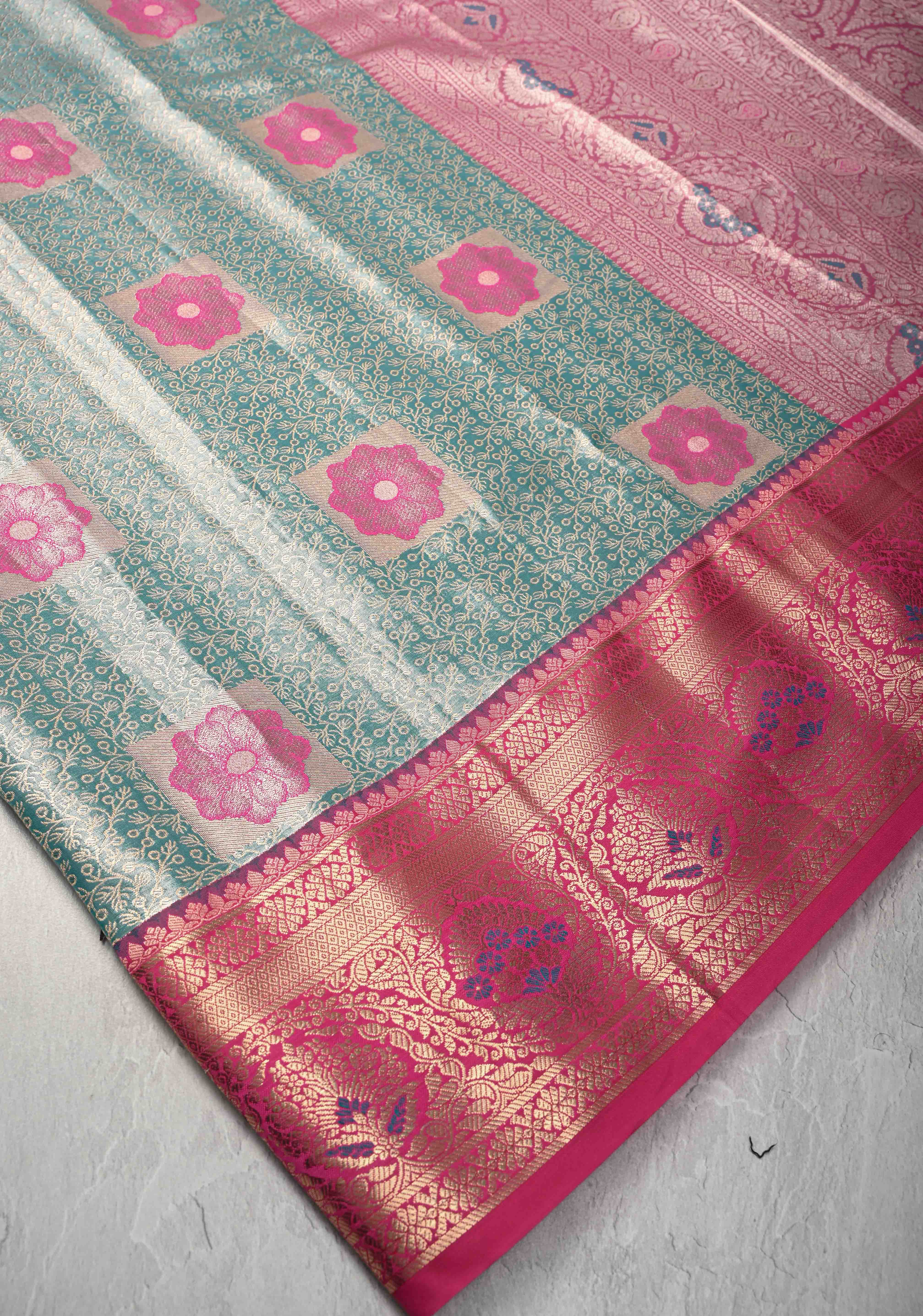 Green Brocade on Kanjivaram Tissue Semi Silk Saree with Meenakari Buttas and Contrast Zari Border | Shobitam