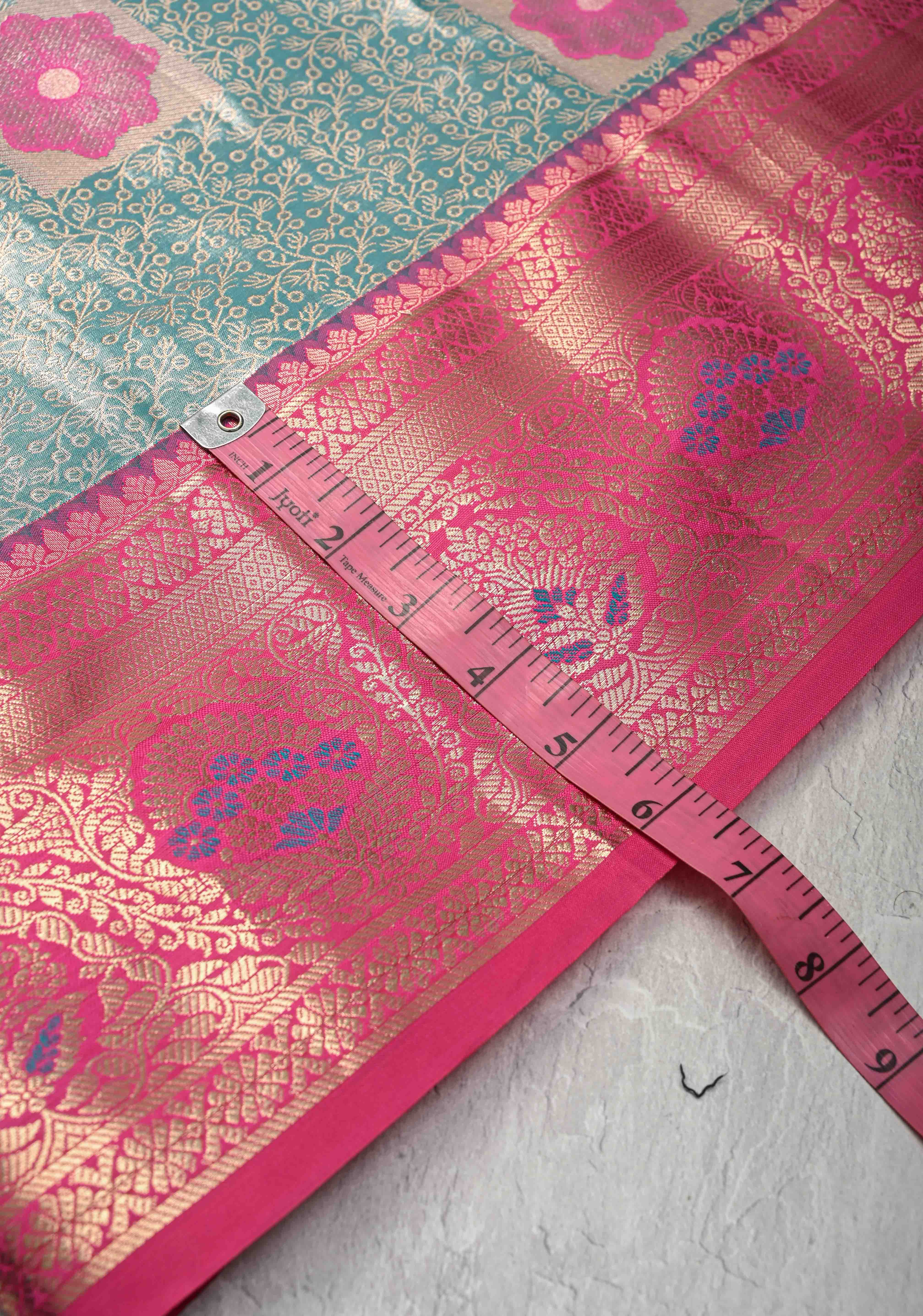 Green Brocade on Kanjivaram Tissue Semi Silk Saree with Meenakari Buttas and Contrast Zari Border | Shobitam