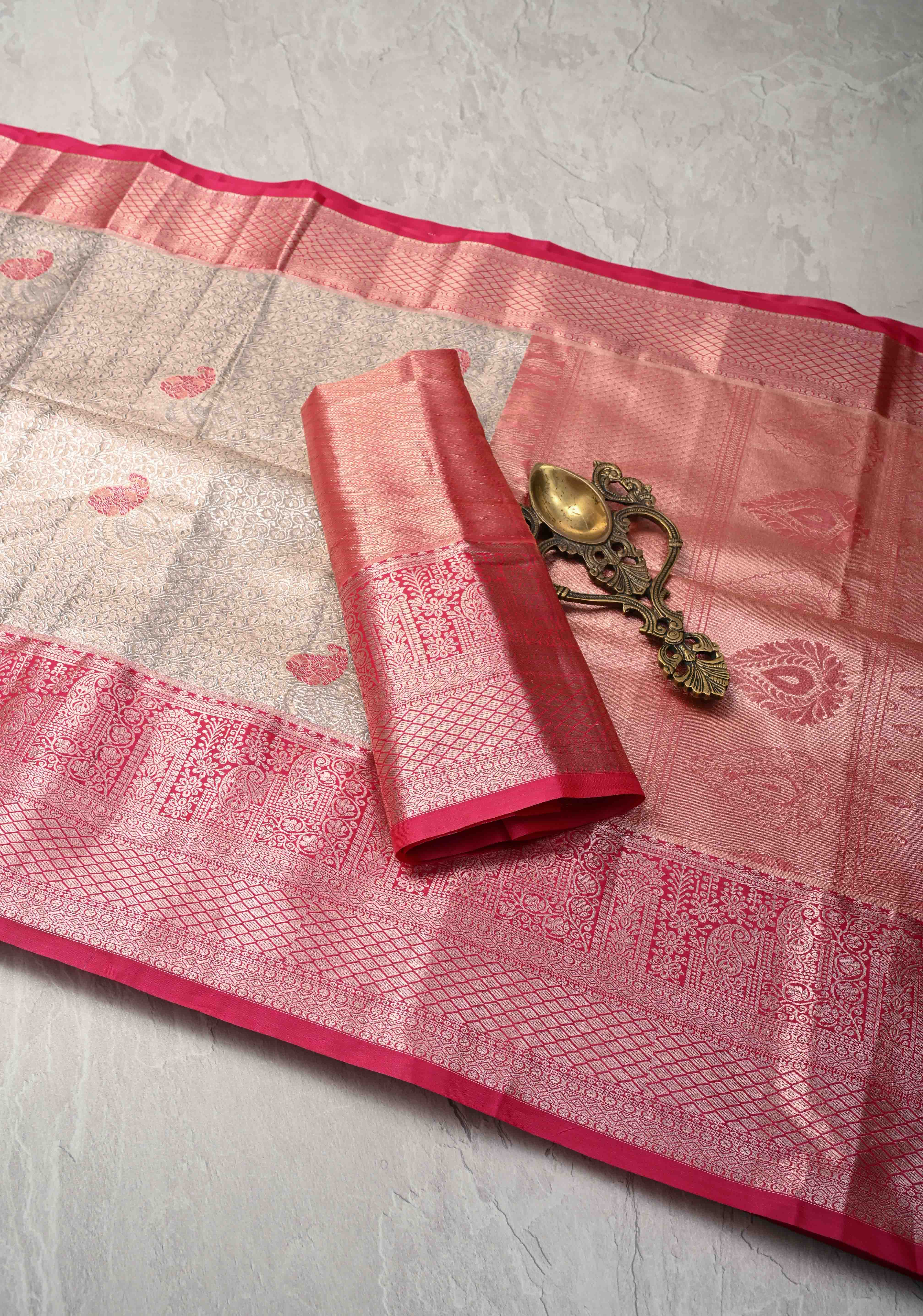 Taupe Brocade on Kanjivaram Tissue Semi Silk Saree with Contrast Zari Border | Shobitam