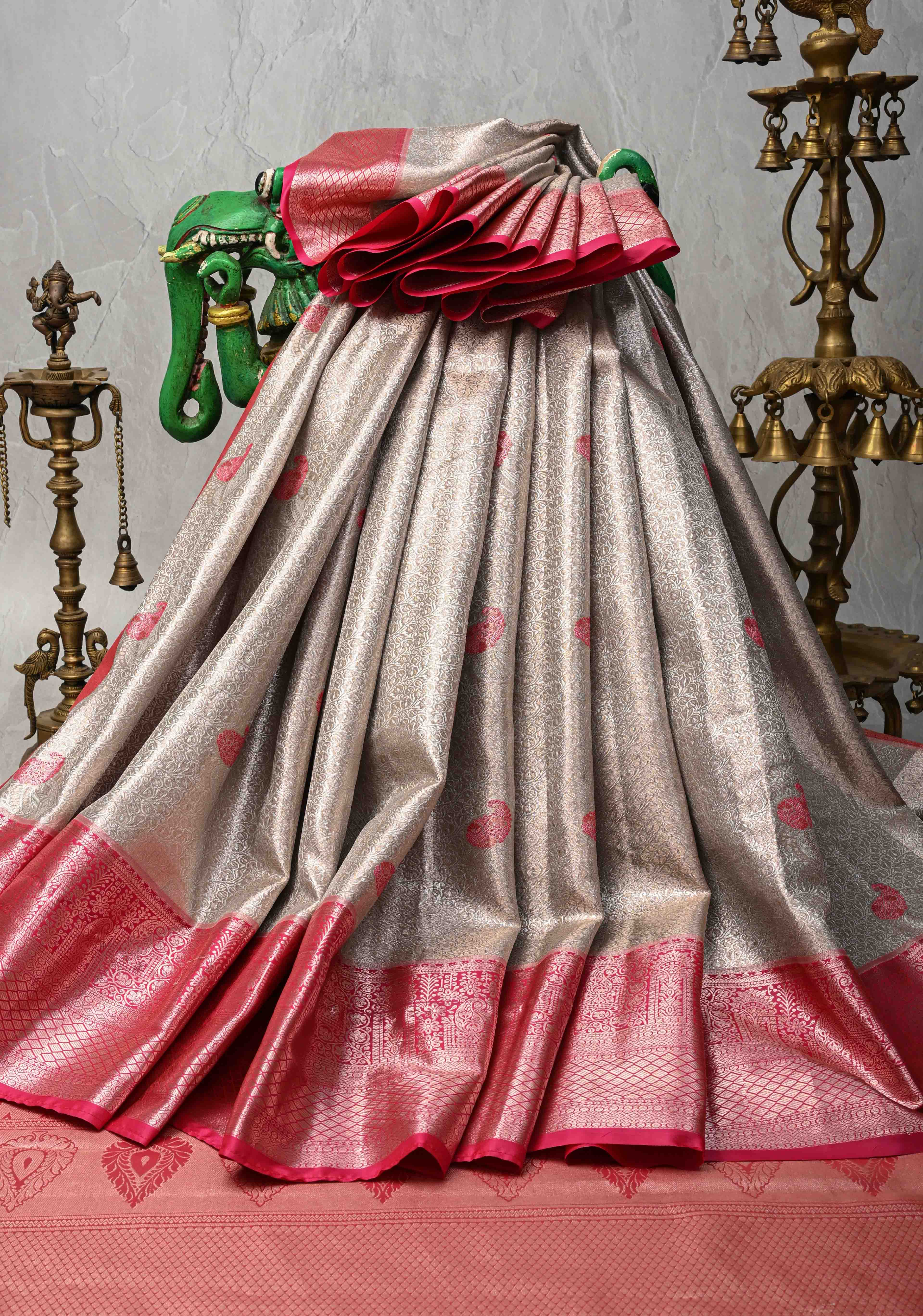 Taupe Brocade on Kanjivaram Tissue Semi Silk Saree with Contrast Zari Border | Shobitam