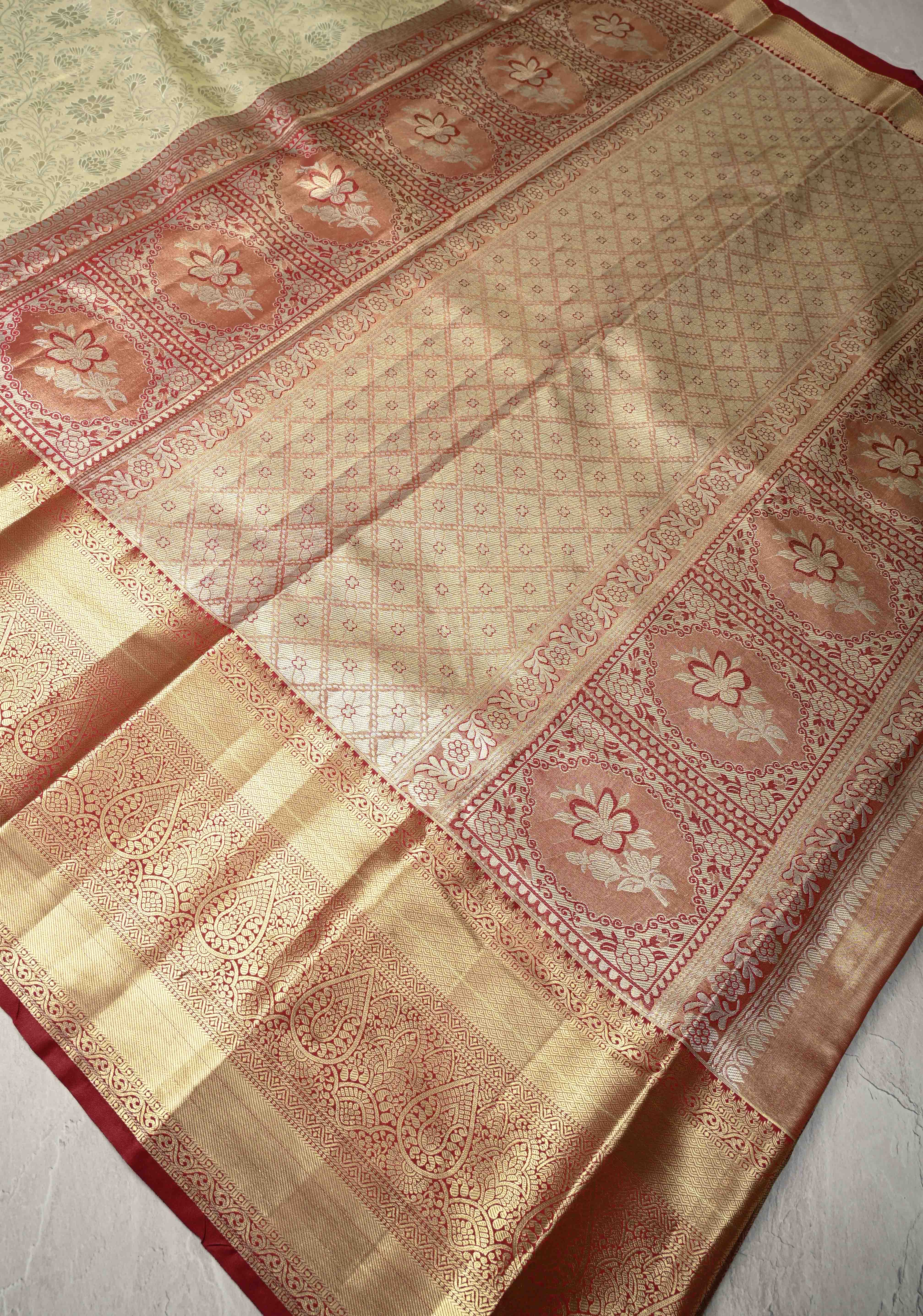 Lime Mist Kanjivaram Tissue Semi Silk Saree with Floral Brocade and Zari Border | Shobitam