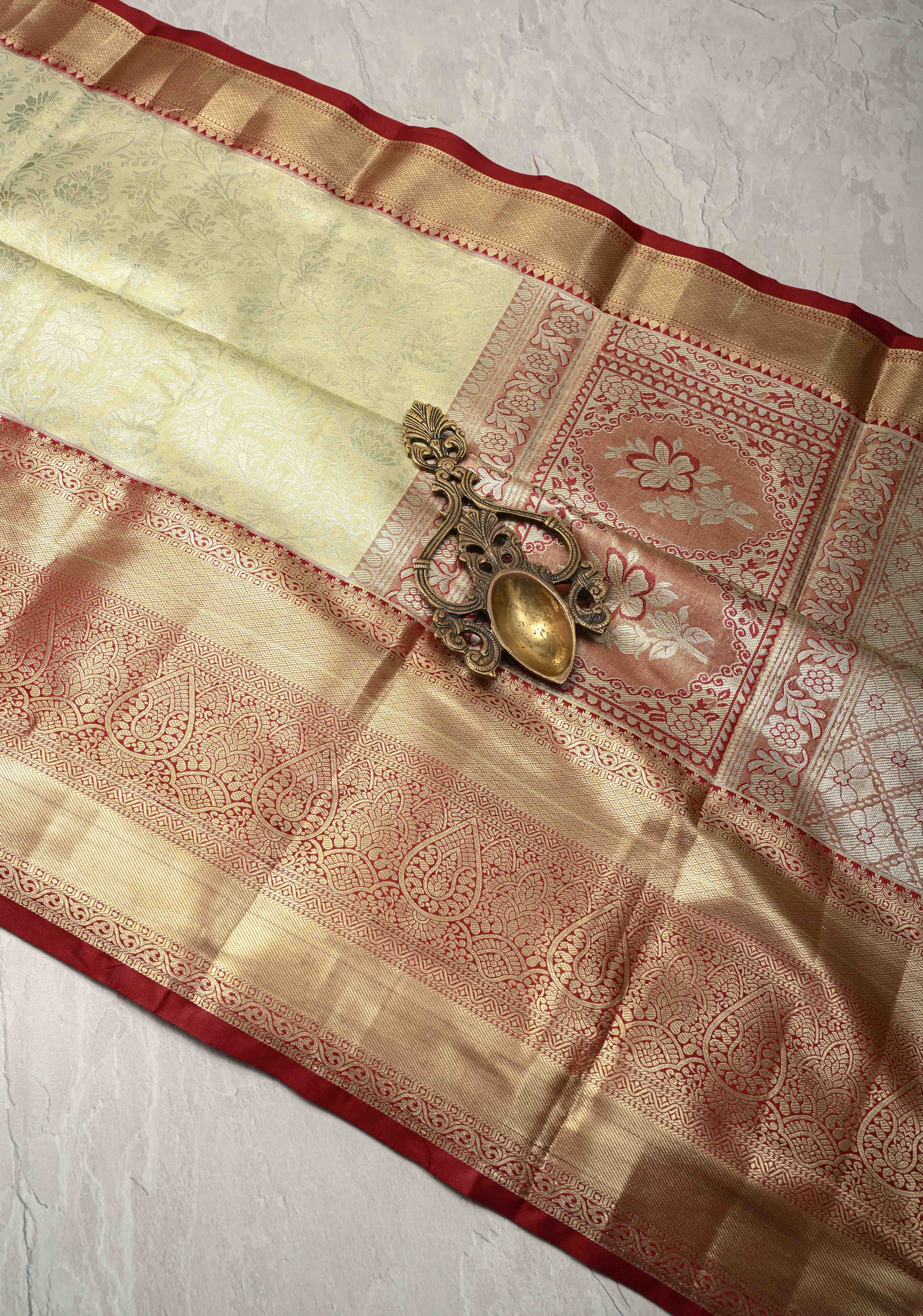 Lime Mist Kanjivaram Tissue Semi Silk Saree with Floral Brocade and Zari Border | Shobitam