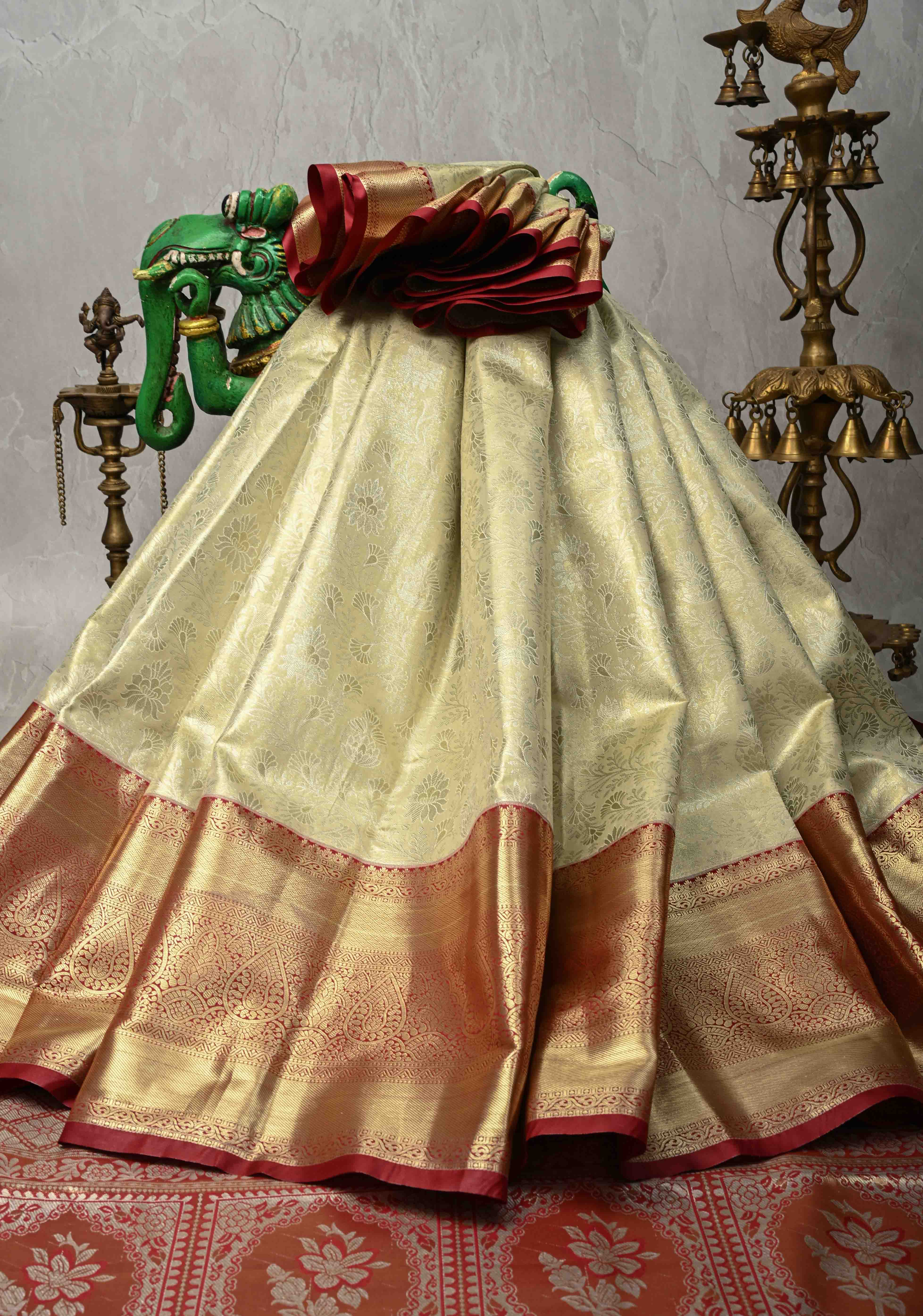Lime Mist Kanjivaram Tissue Semi Silk Saree with Floral Brocade and Zari Border | Shobitam