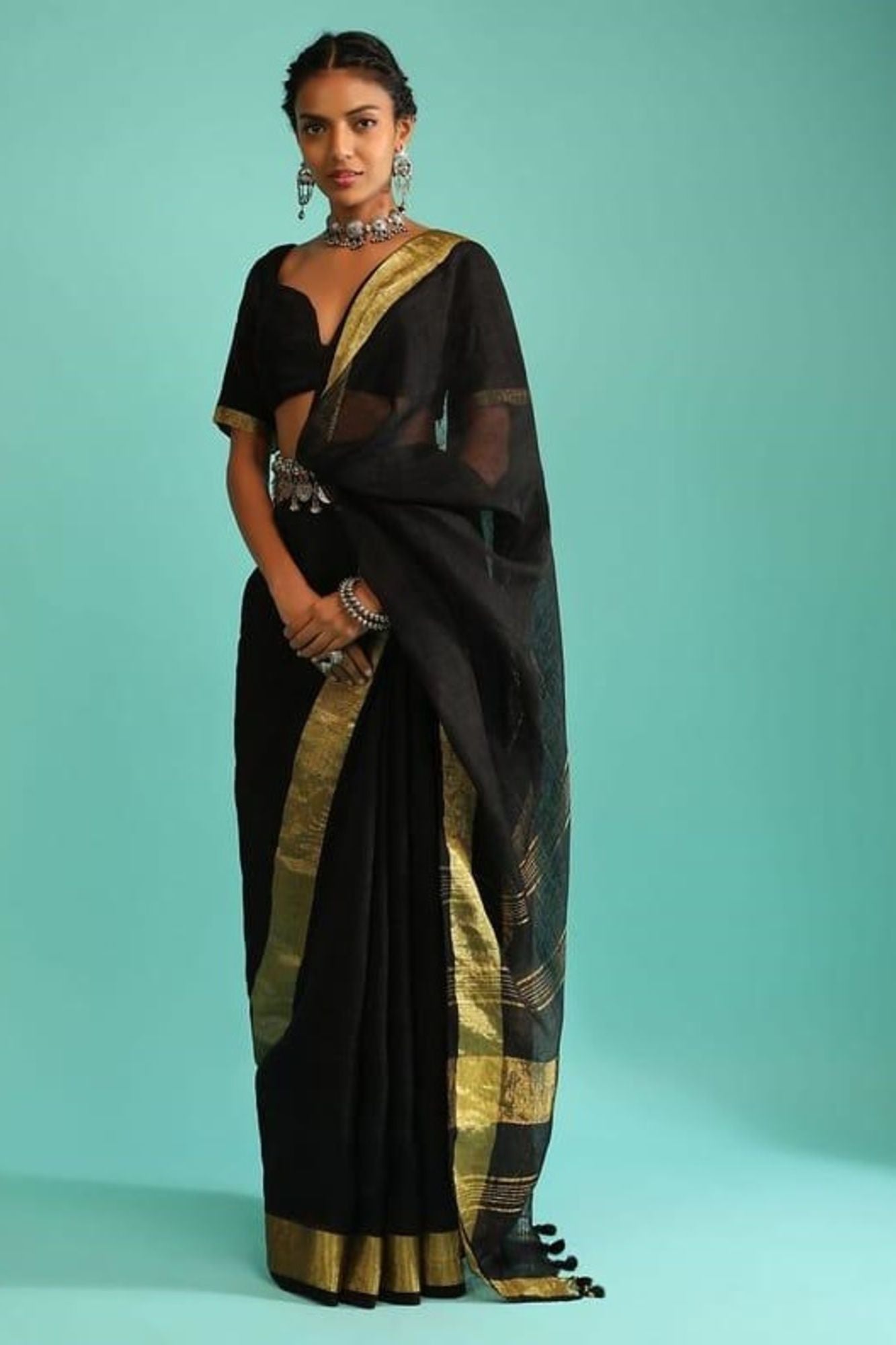 Pure Linen With Golden Zari Border Ready To Wear Saree