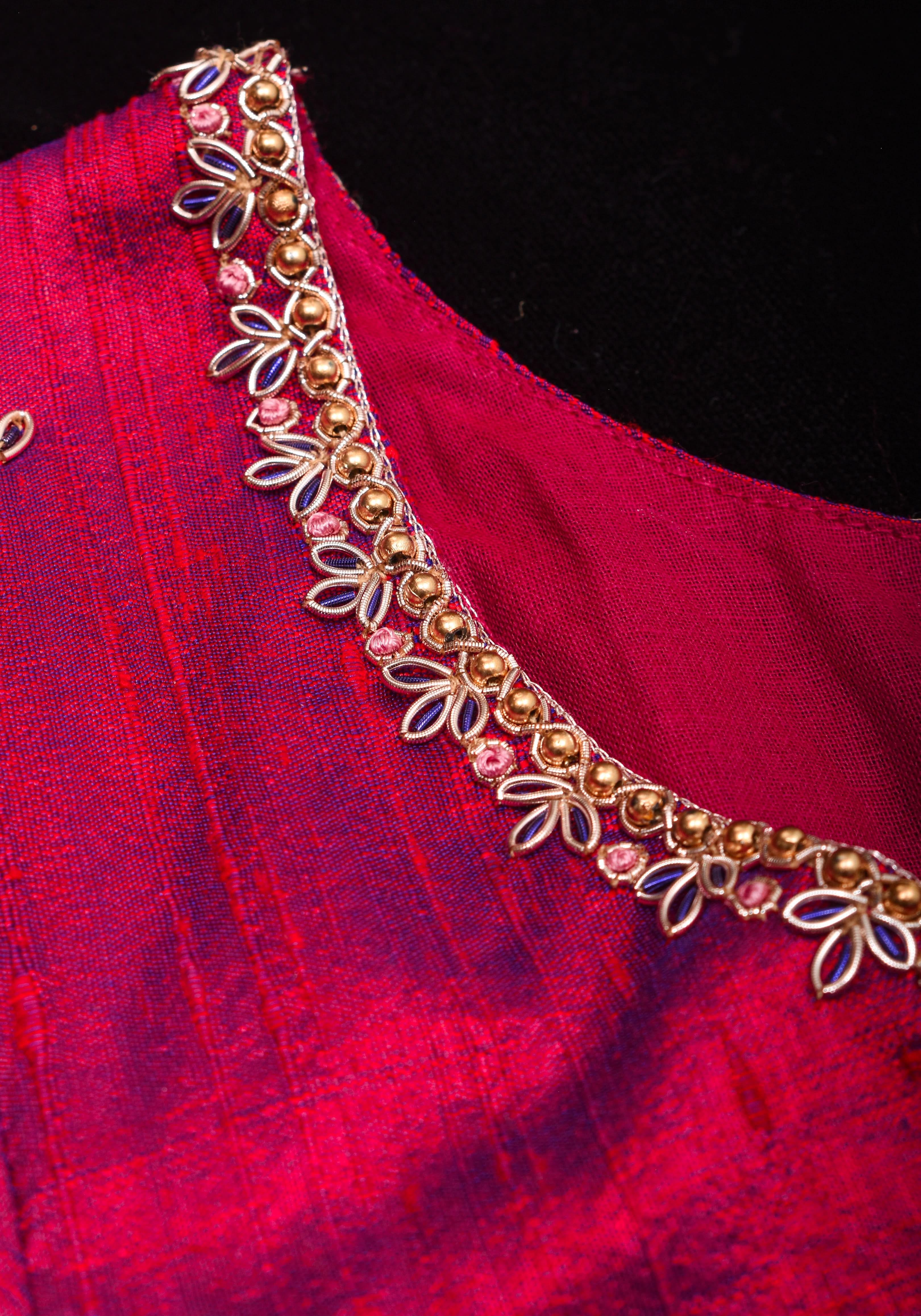 Kolhapuri Mahalakshmi Handwork Blouse on Fuchsia Dual Tone Pure Raw Silk | Made to Order | Shobitam