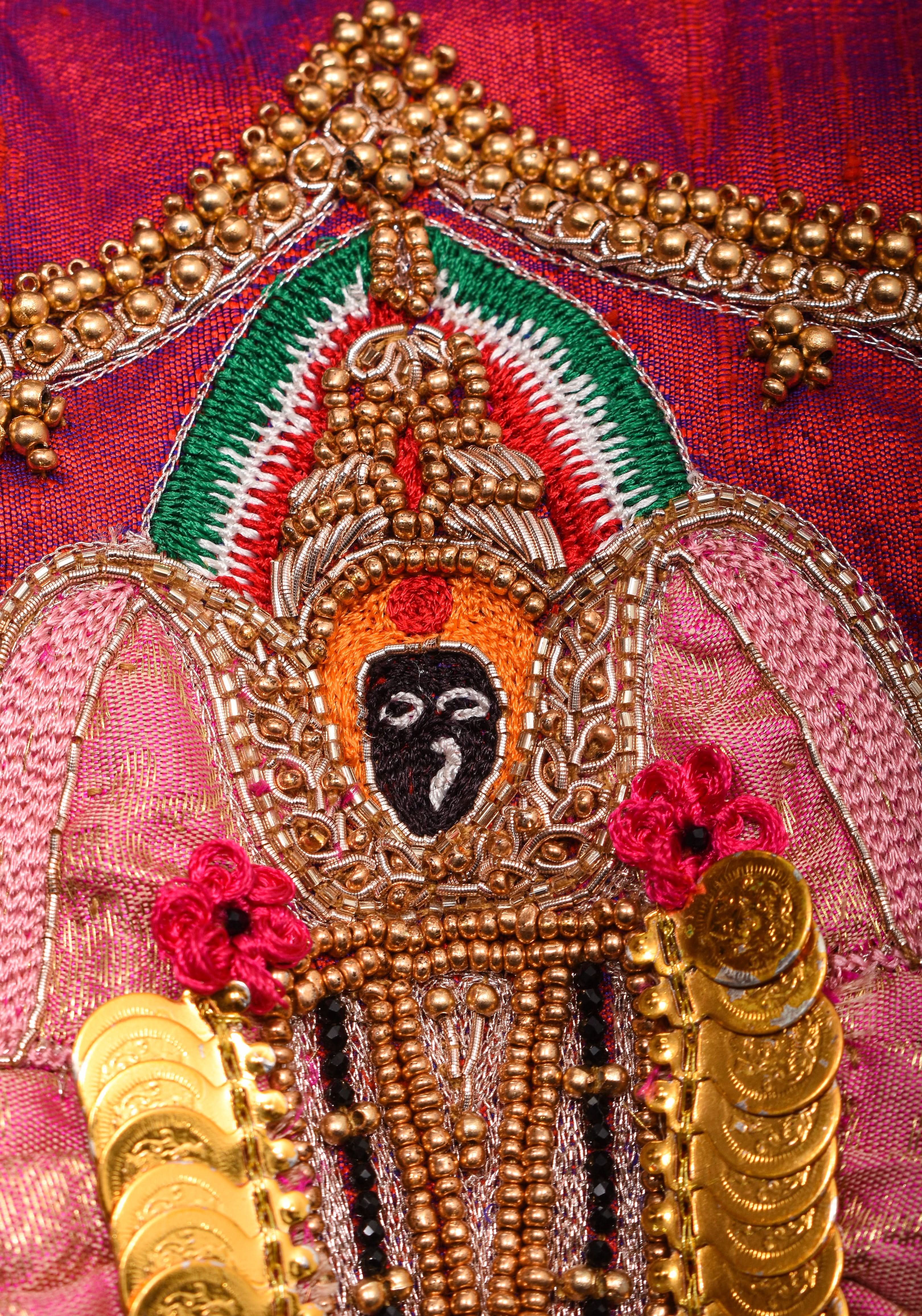 Kolhapuri Mahalakshmi Handwork Blouse on Fuchsia Dual Tone Pure Raw Silk | Made to Order | Shobitam