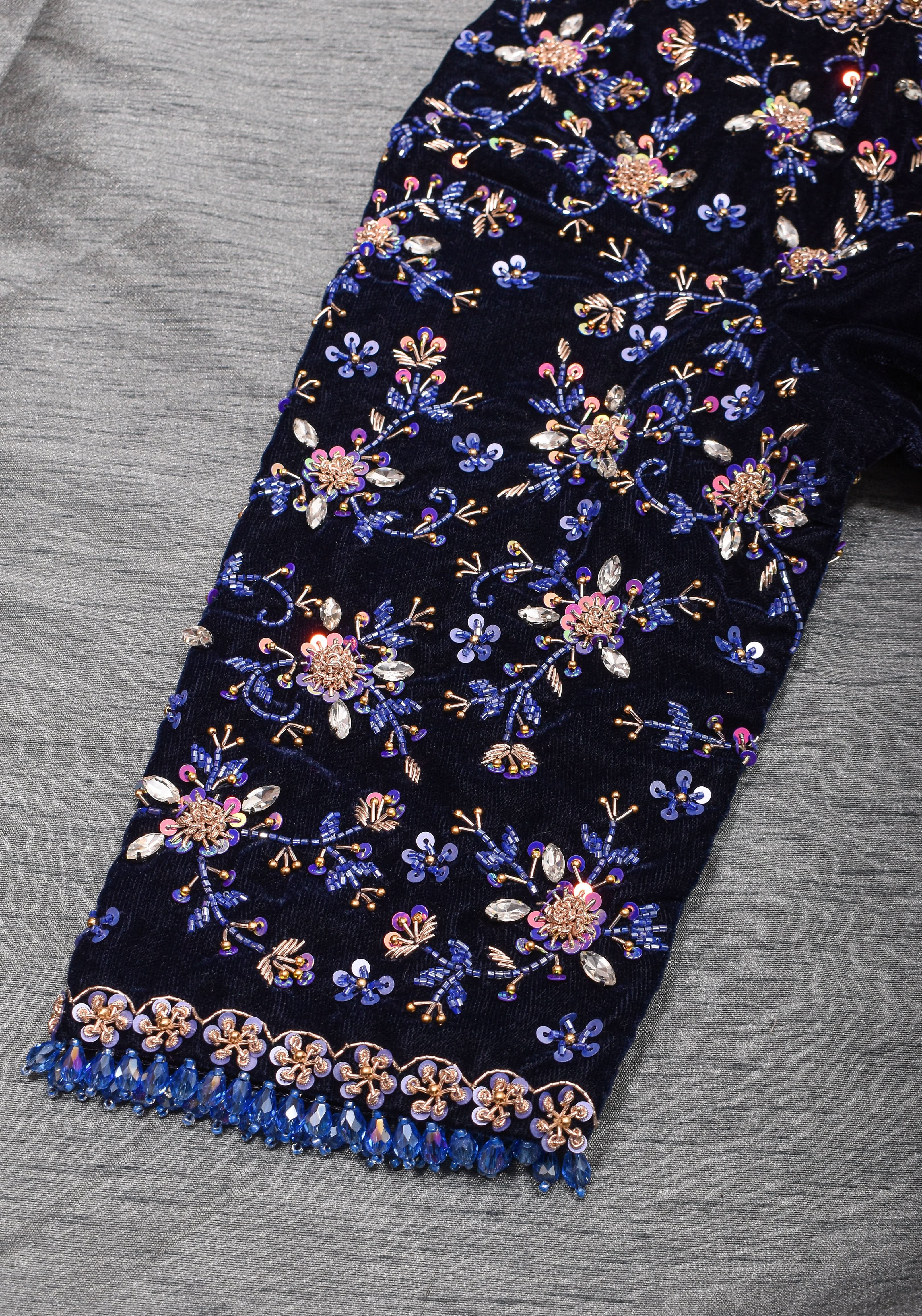 Exquisite Jadau Blouse sequin and crystal handwork on navy blue velvet blouse , Made to Order | Shobitam