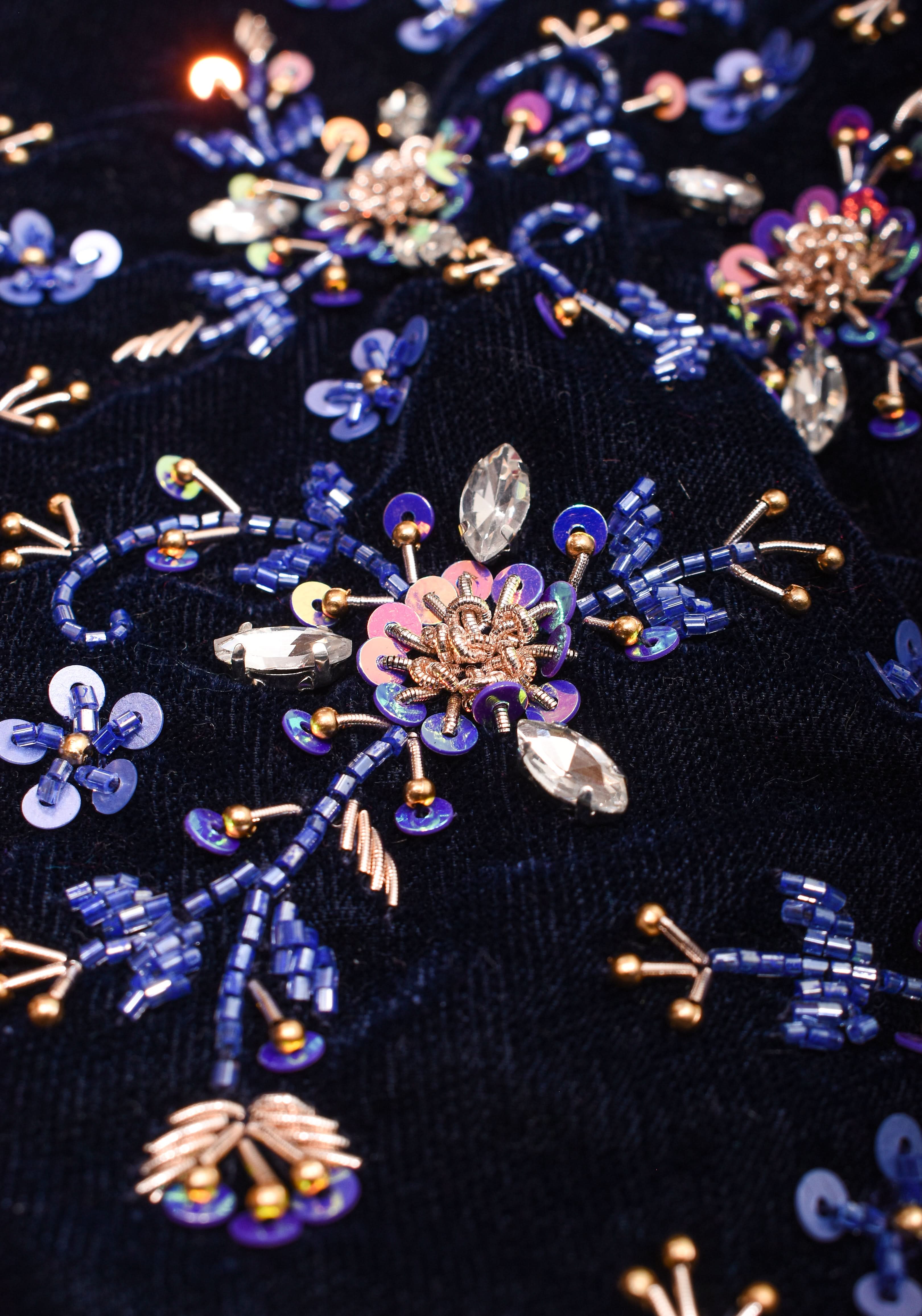 Exquisite Jadau Blouse sequin and crystal handwork on navy blue velvet blouse , Made to Order | Shobitam