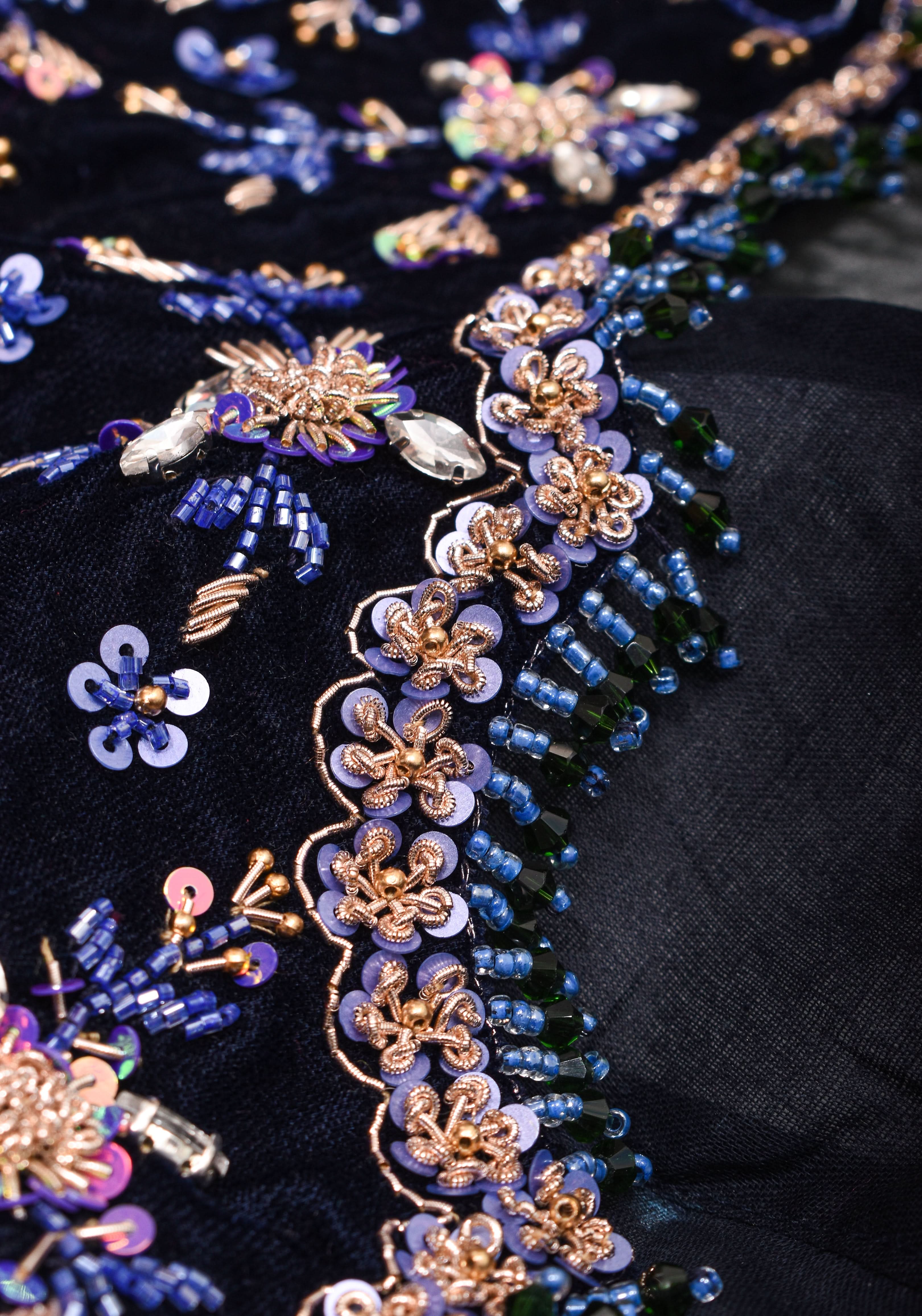 Exquisite Jadau Blouse sequin and crystal handwork on navy blue velvet blouse , Made to Order | Shobitam