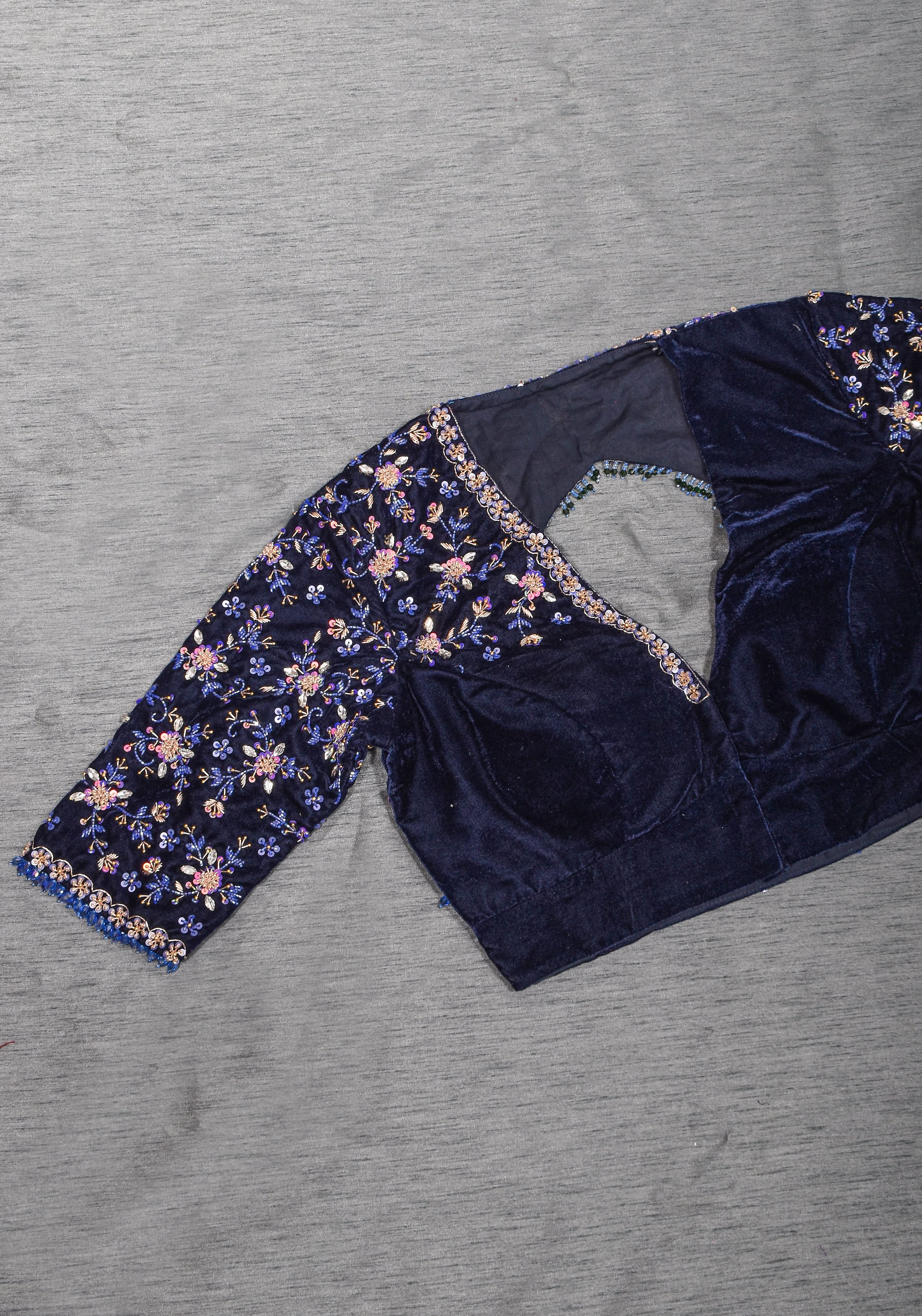 Exquisite Jadau Blouse sequin and crystal handwork on navy blue velvet blouse , Made to Order | Shobitam