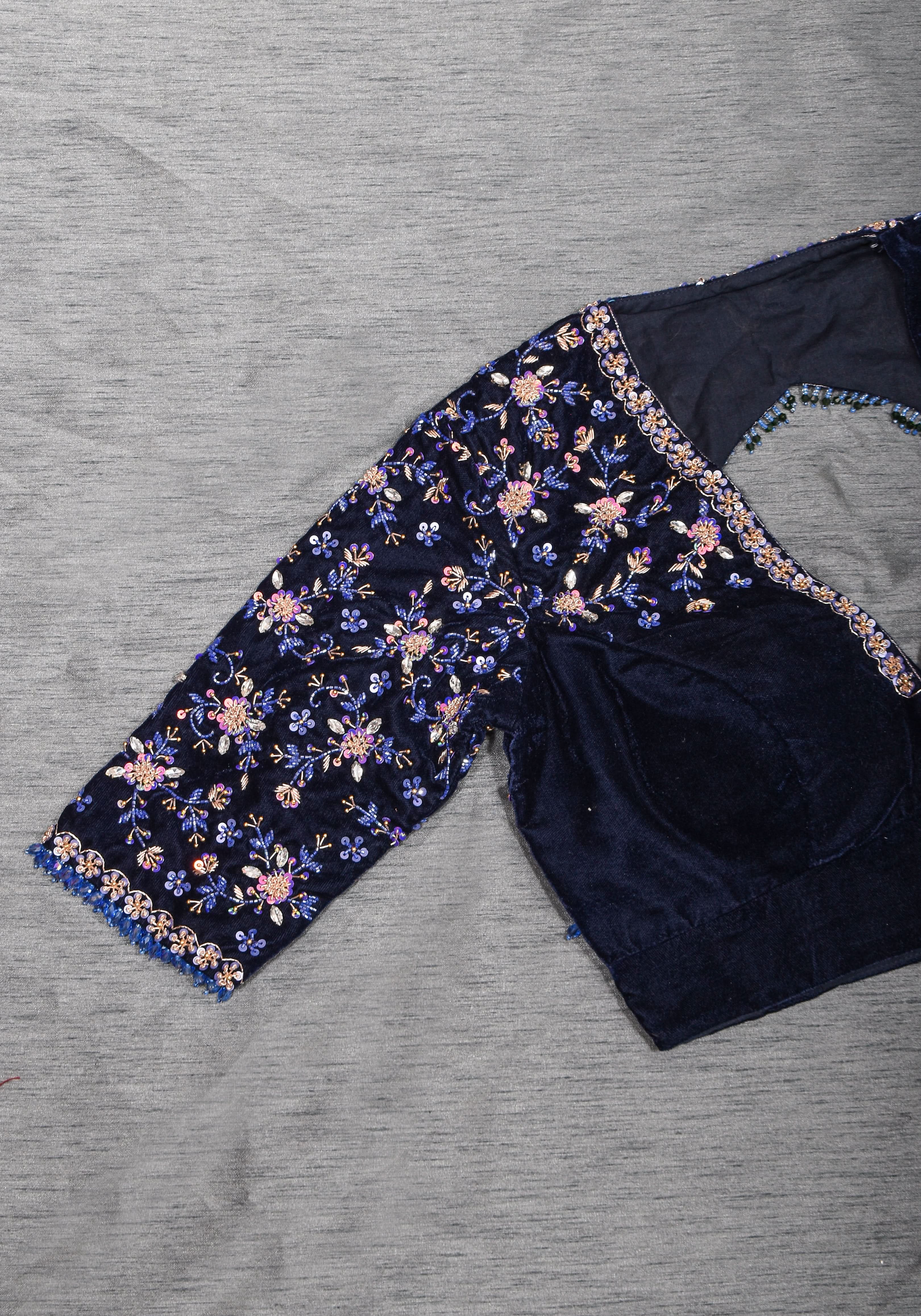 Exquisite Jadau Blouse sequin and crystal handwork on navy blue velvet blouse , Made to Order | Shobitam