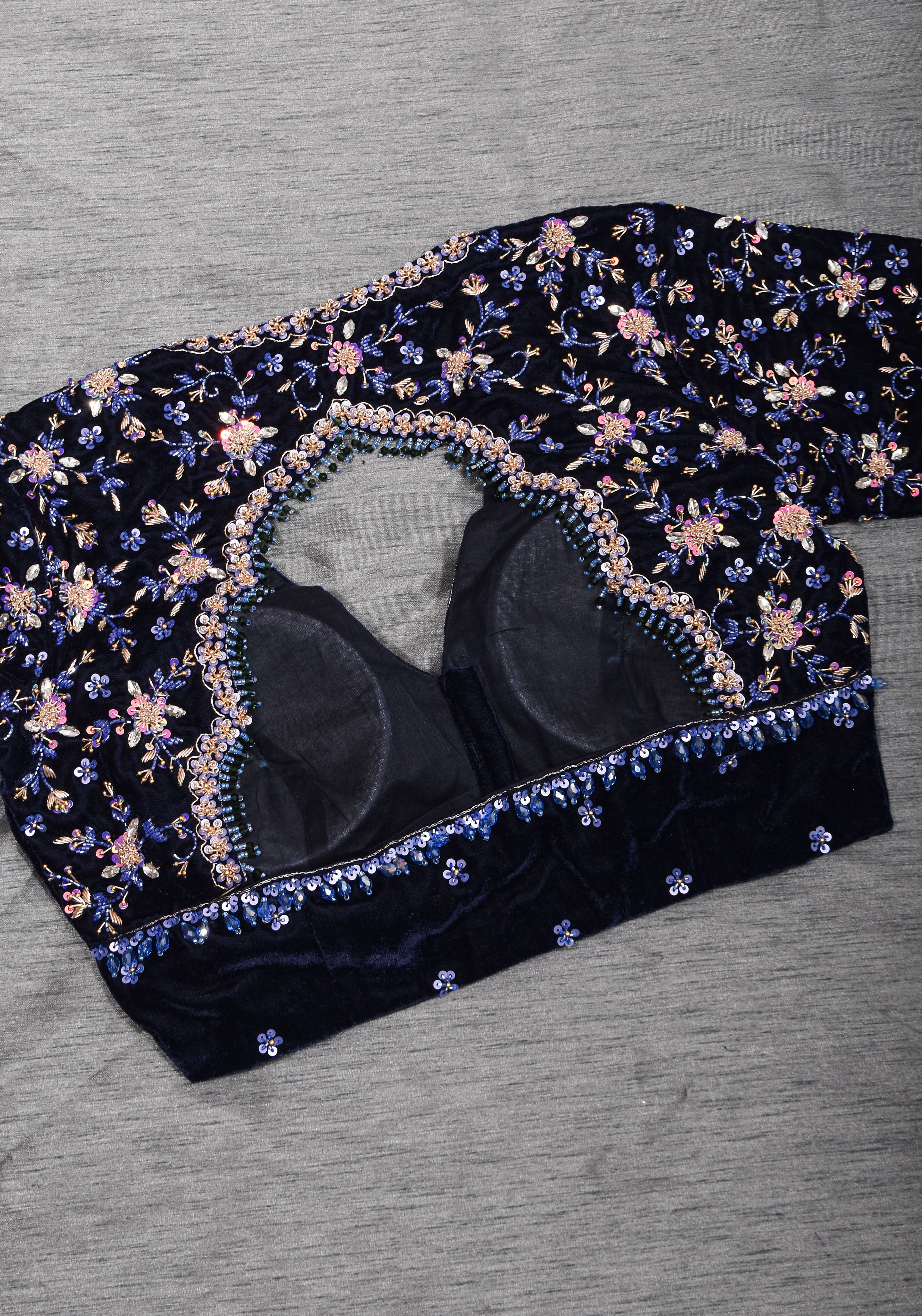 Exquisite Jadau Blouse sequin and crystal handwork on navy blue velvet blouse , Made to Order | Shobitam