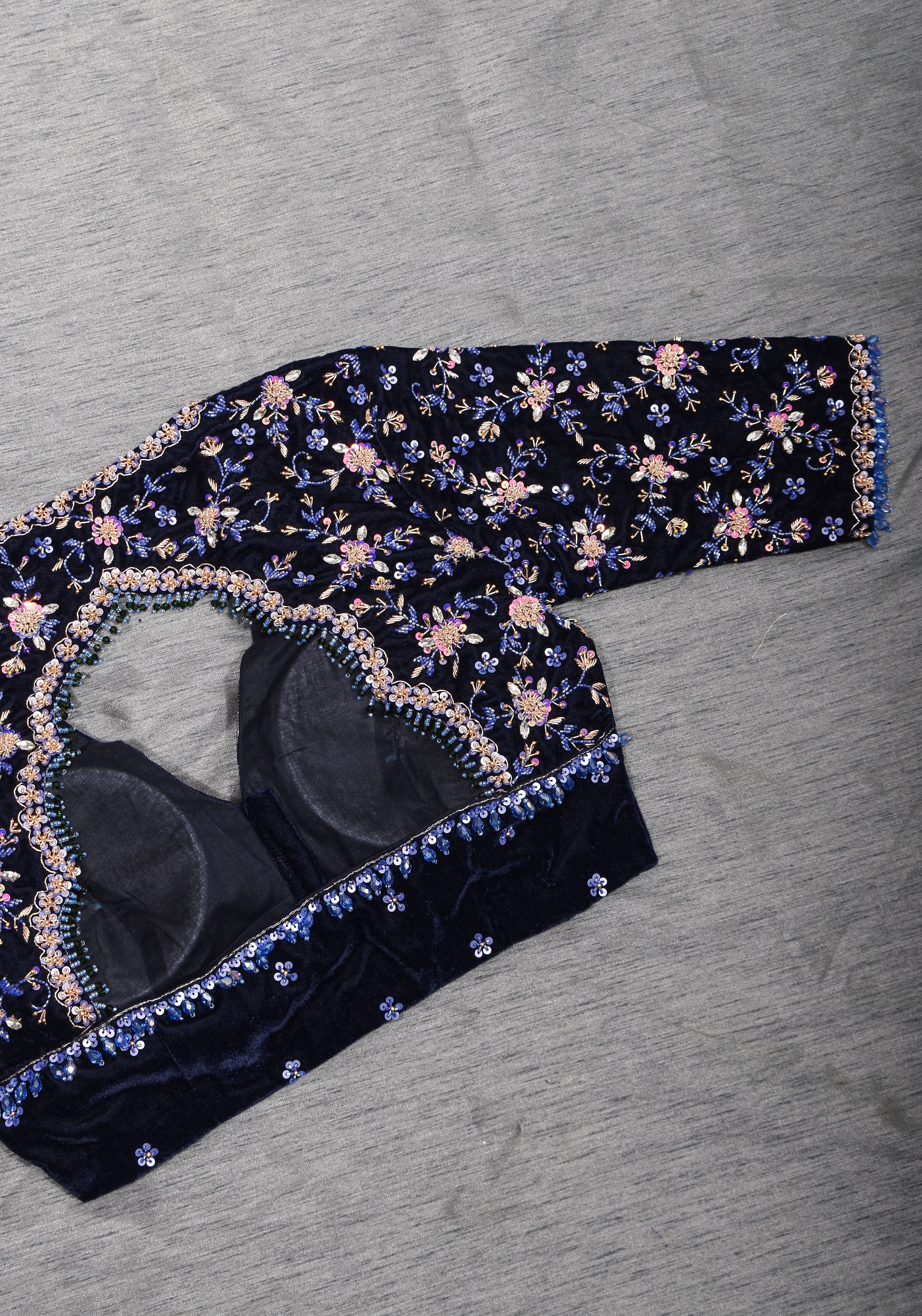 Exquisite Jadau Blouse sequin and crystal handwork on navy blue velvet blouse , Made to Order | Shobitam