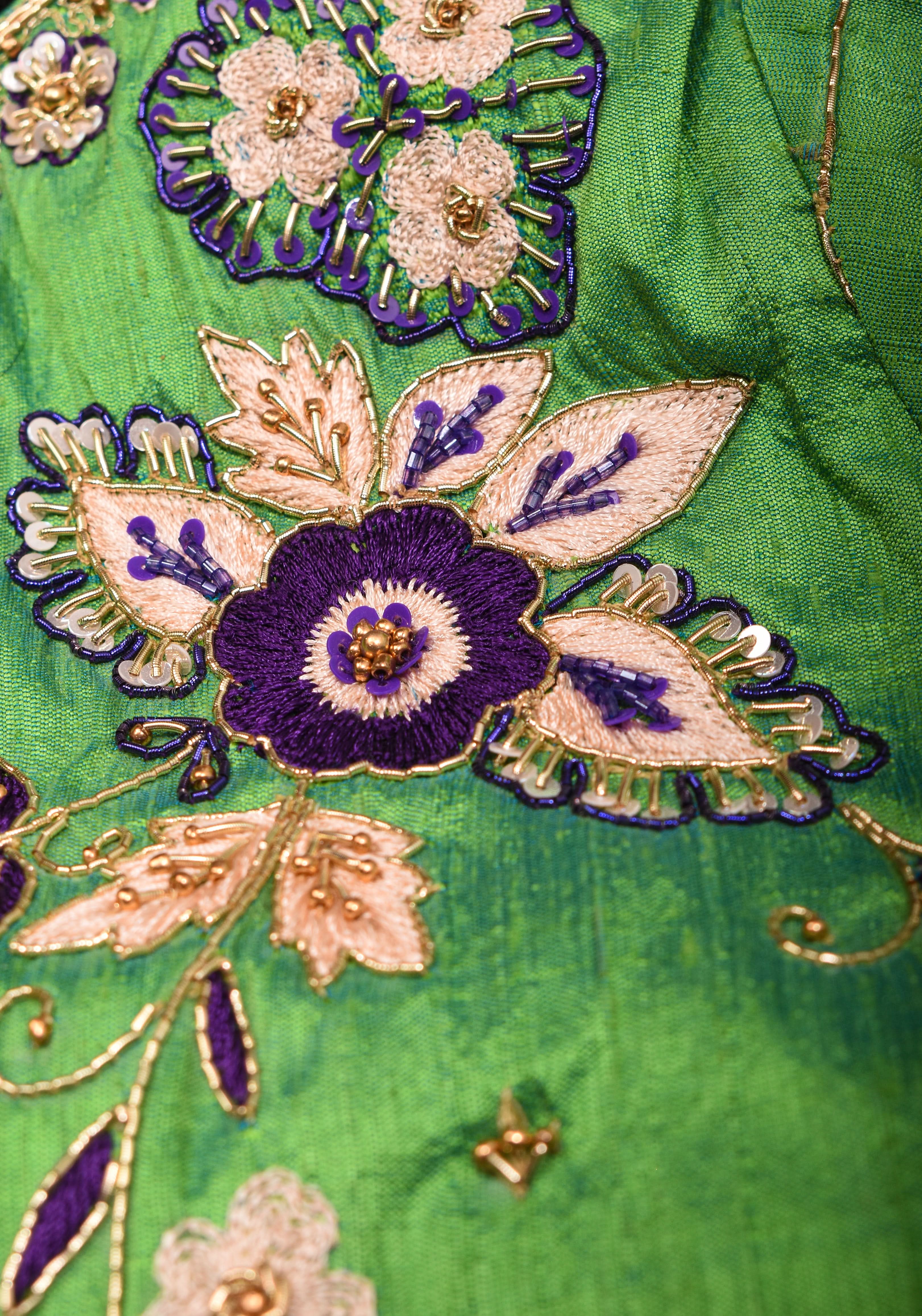 Made to Order: Green Raw Silk Embroidery and Zardozi Blouse | Shobitam