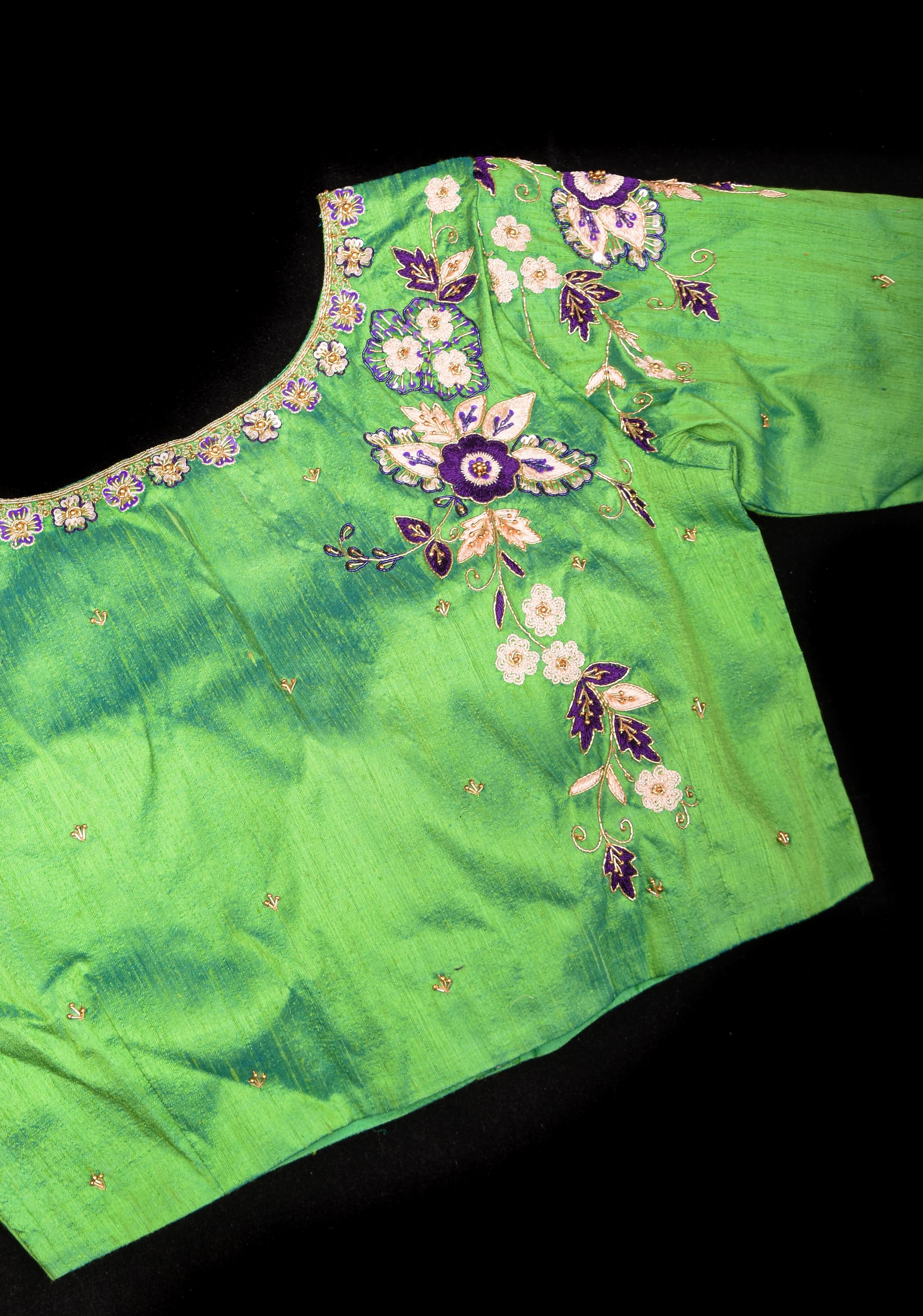 Made to Order: Green Raw Silk Embroidery and Zardozi Blouse | Shobitam