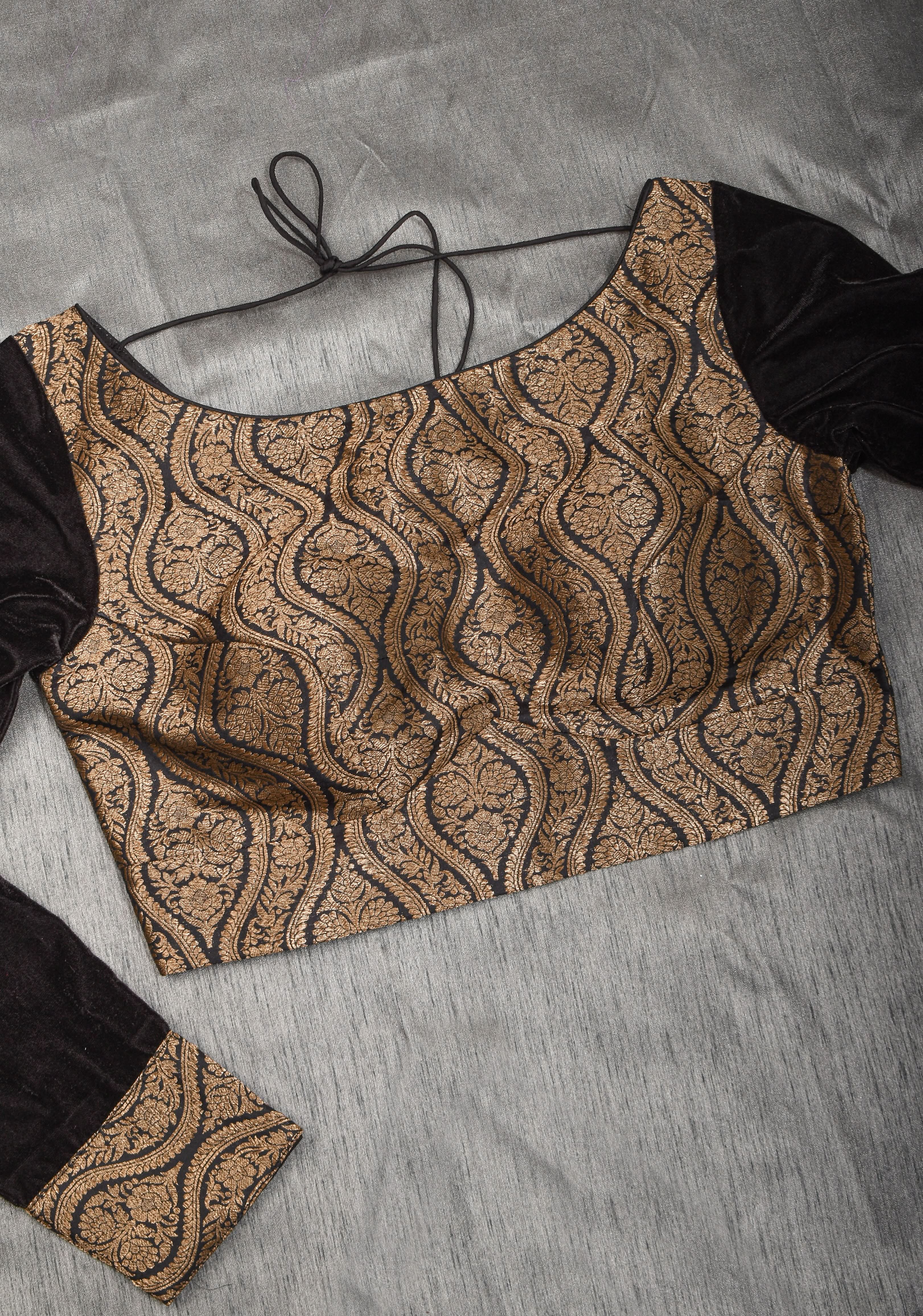 Made To Order: Black Brocade Blouse with full slevees with zari detailing. | Shobitam