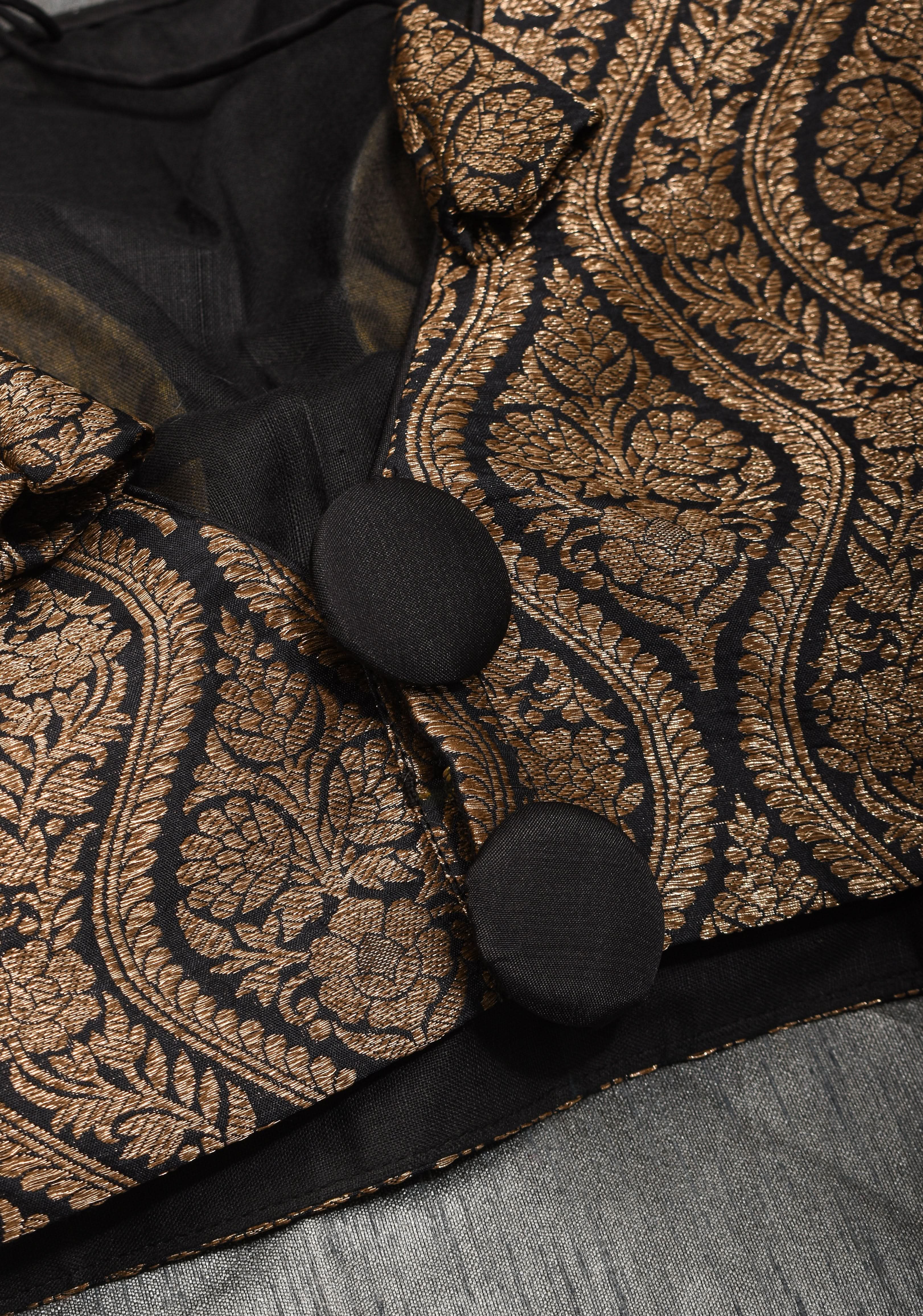 Made To Order: Black Brocade Blouse with full slevees with zari detailing. | Shobitam